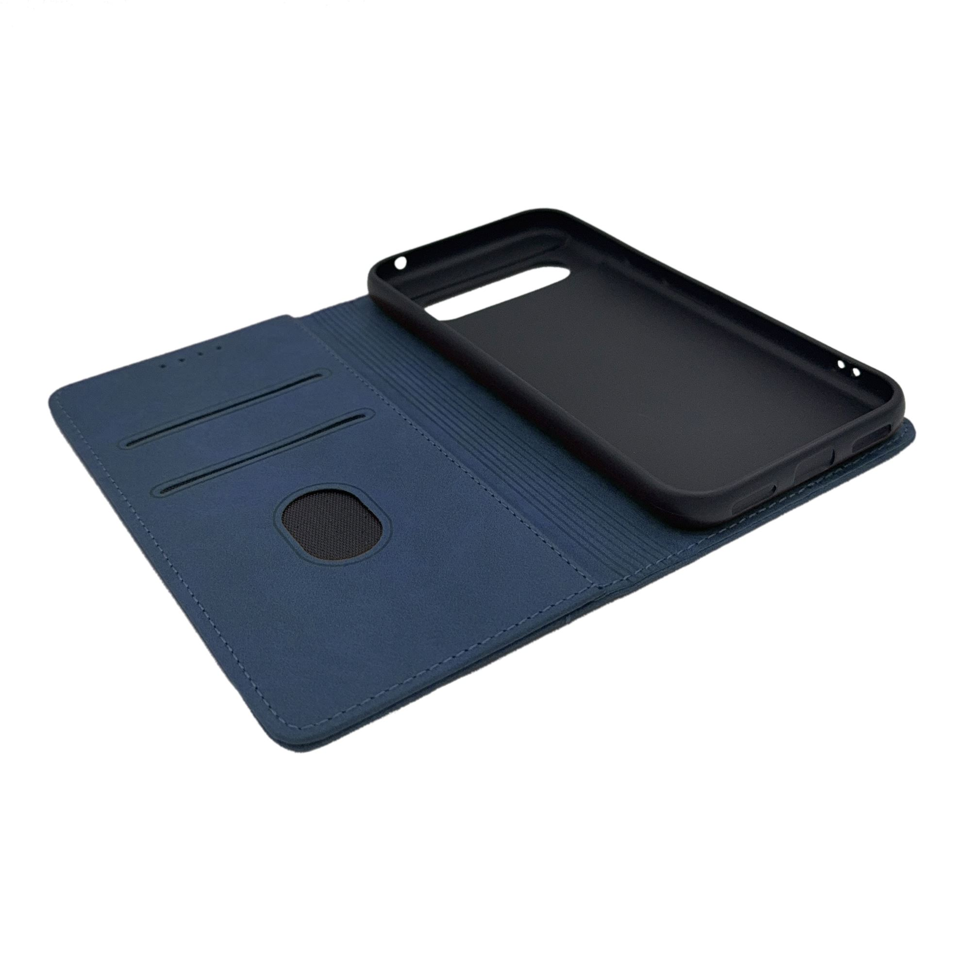 Geöffnete blaue Handyhülle mit Handy. Zeigt eine Handyhülle mit Kartenfächern.