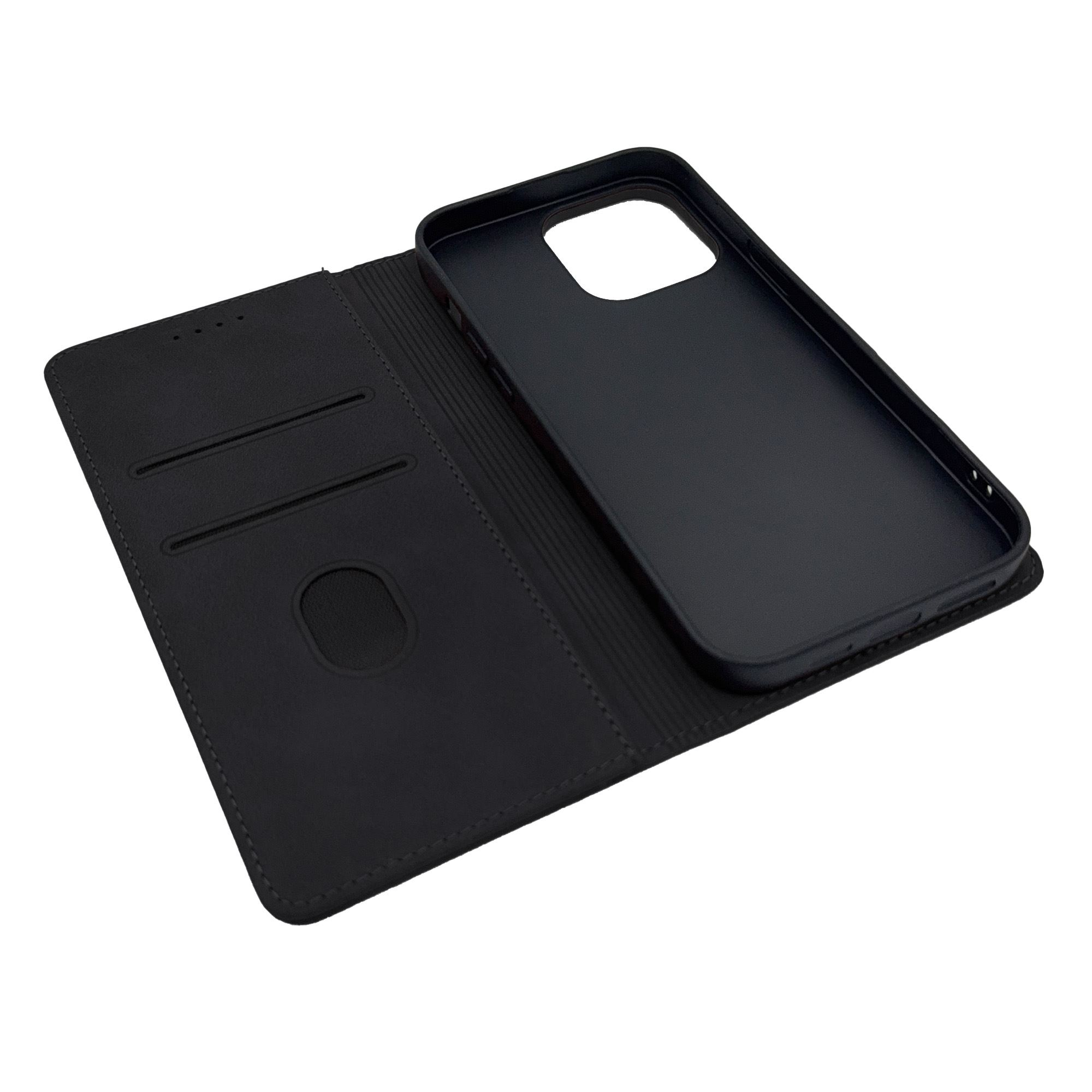 Eine schwarze Handyhülle, offen, mit einem Handy und Kartenfächern.
