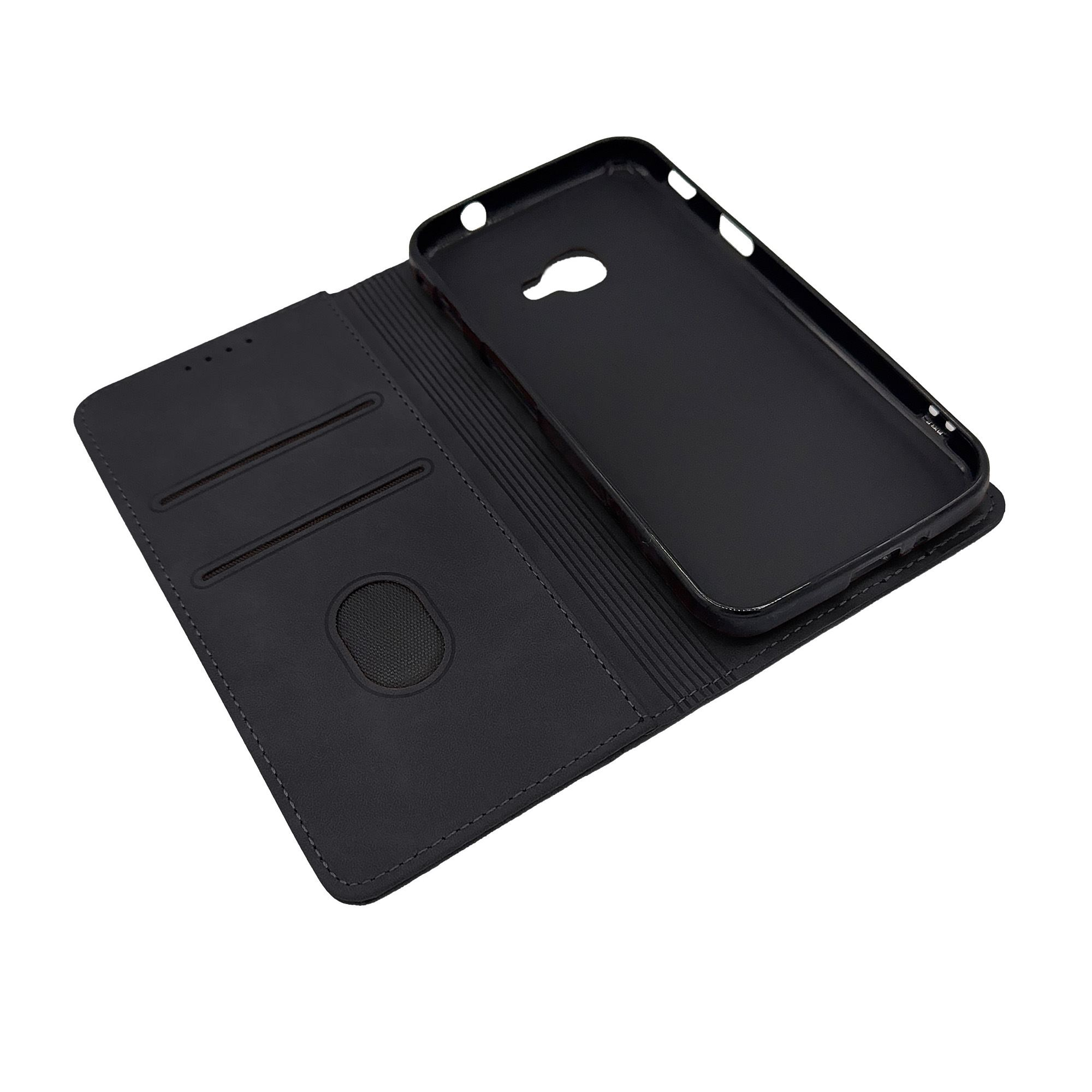 Schwarze Handyhülle mit Kartenfach und schwarzem Telefon. Die Hülle ist geöffnet und zeigt das Innere.