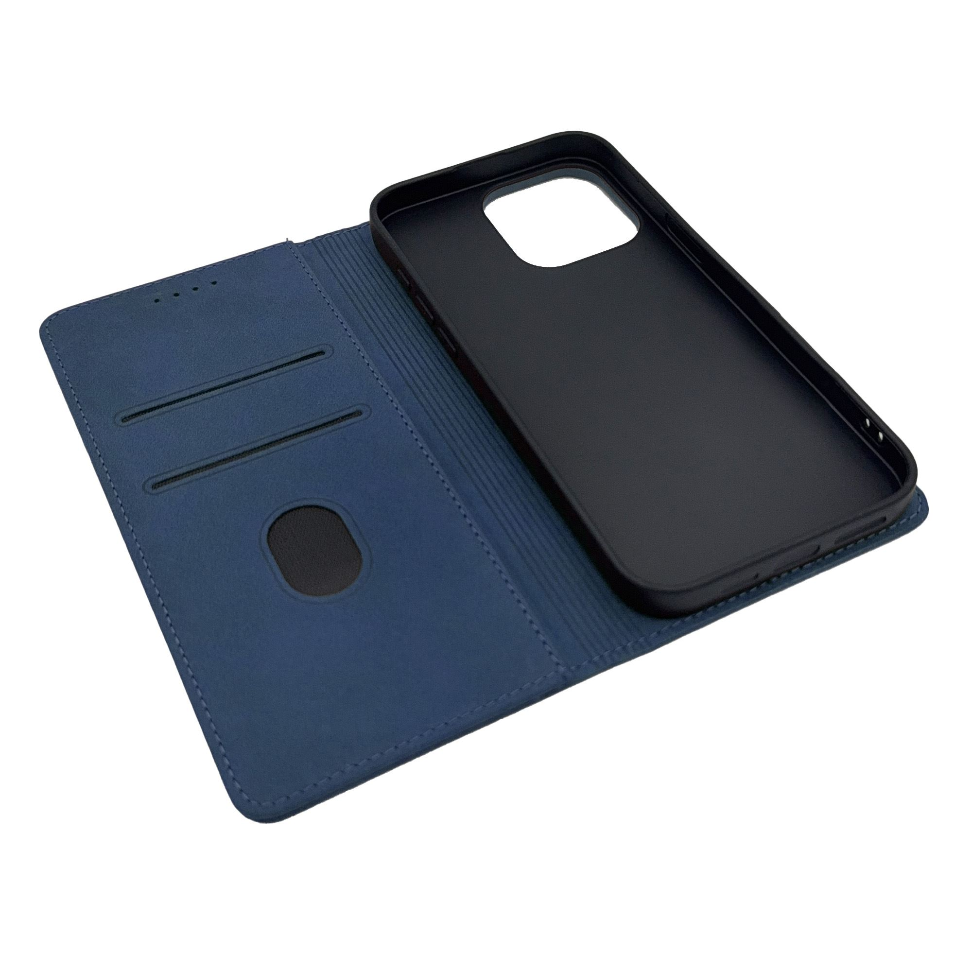 Blaue Leder-Wallet-Hülle für ein Telefon. Die Hülle ist geöffnet und zeigt den schwarzen Telefonhalter.