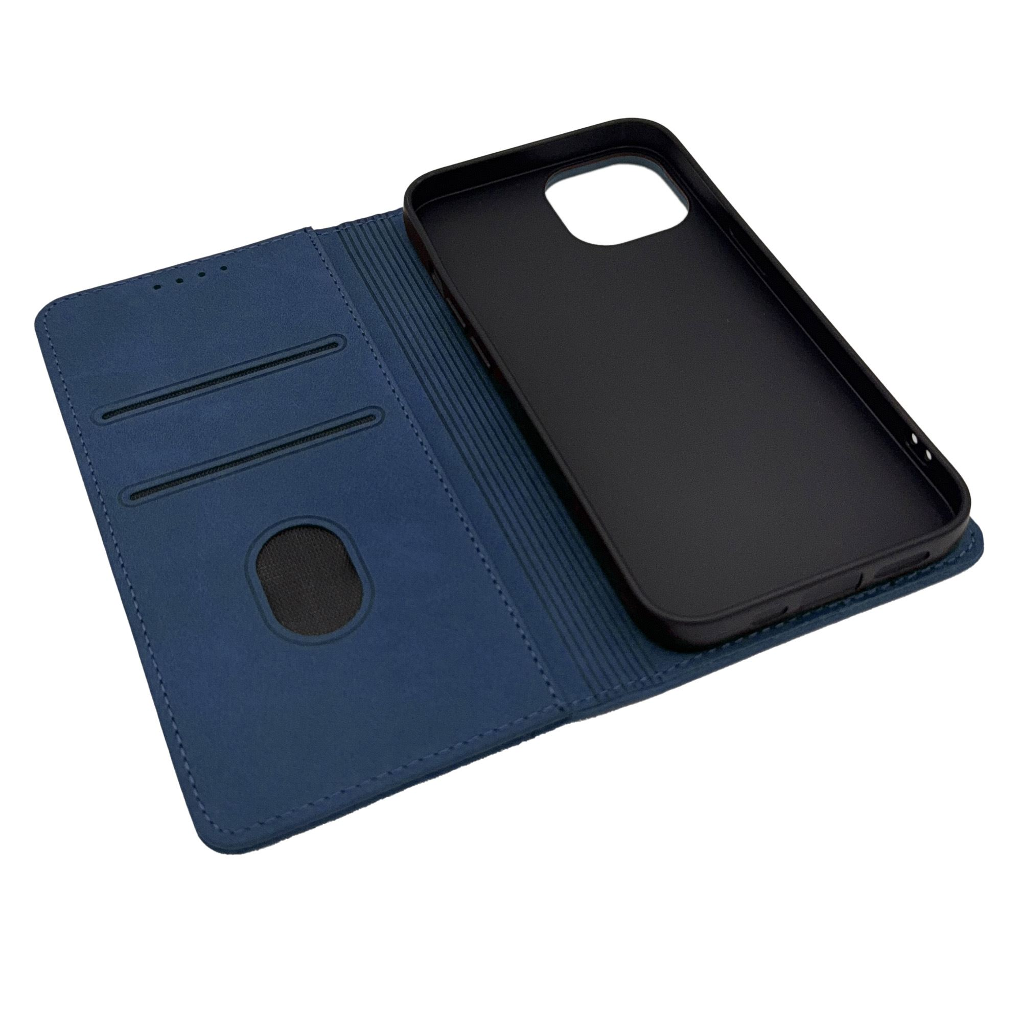 Eine blaue Handyhülle mit einem schwarzen Telefon darin, offen auf weißer Oberfläche.