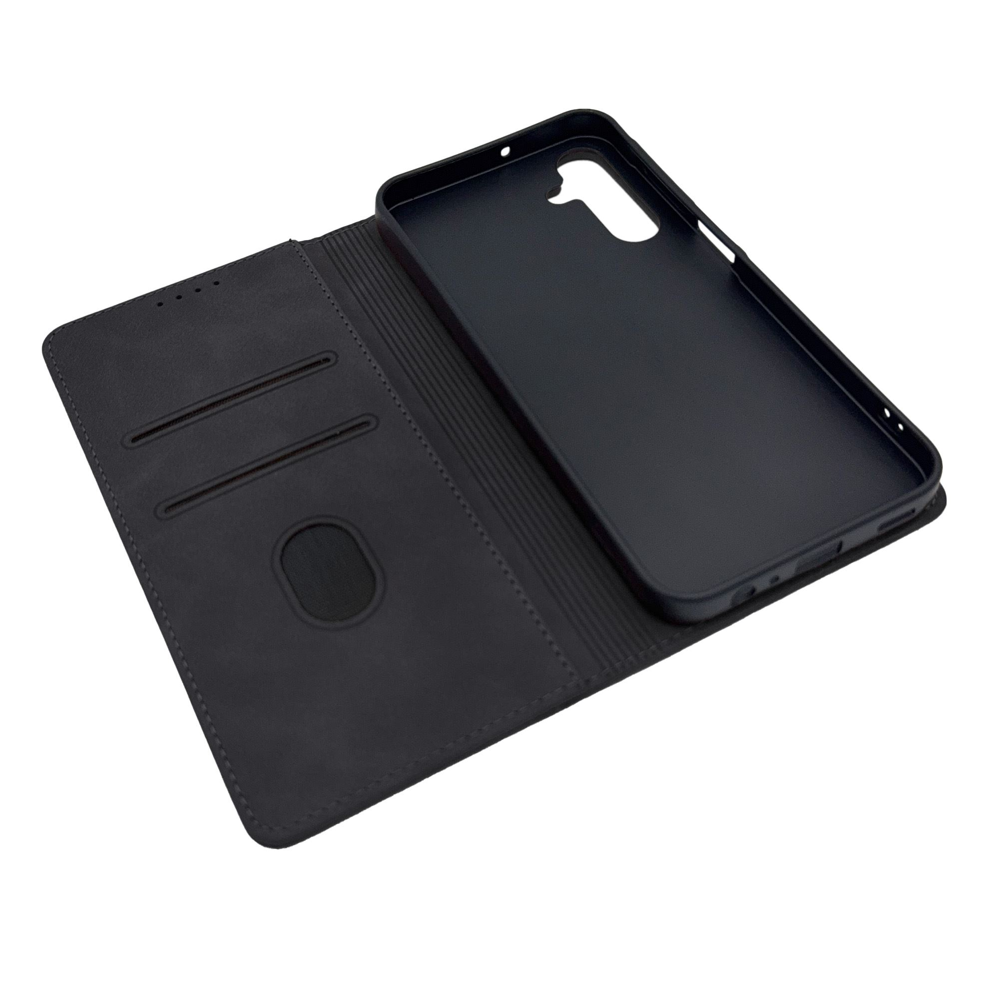 Geöffnete schwarze Handyhülle, mit Kartenfächern und schwarzem Telefonrahmen.