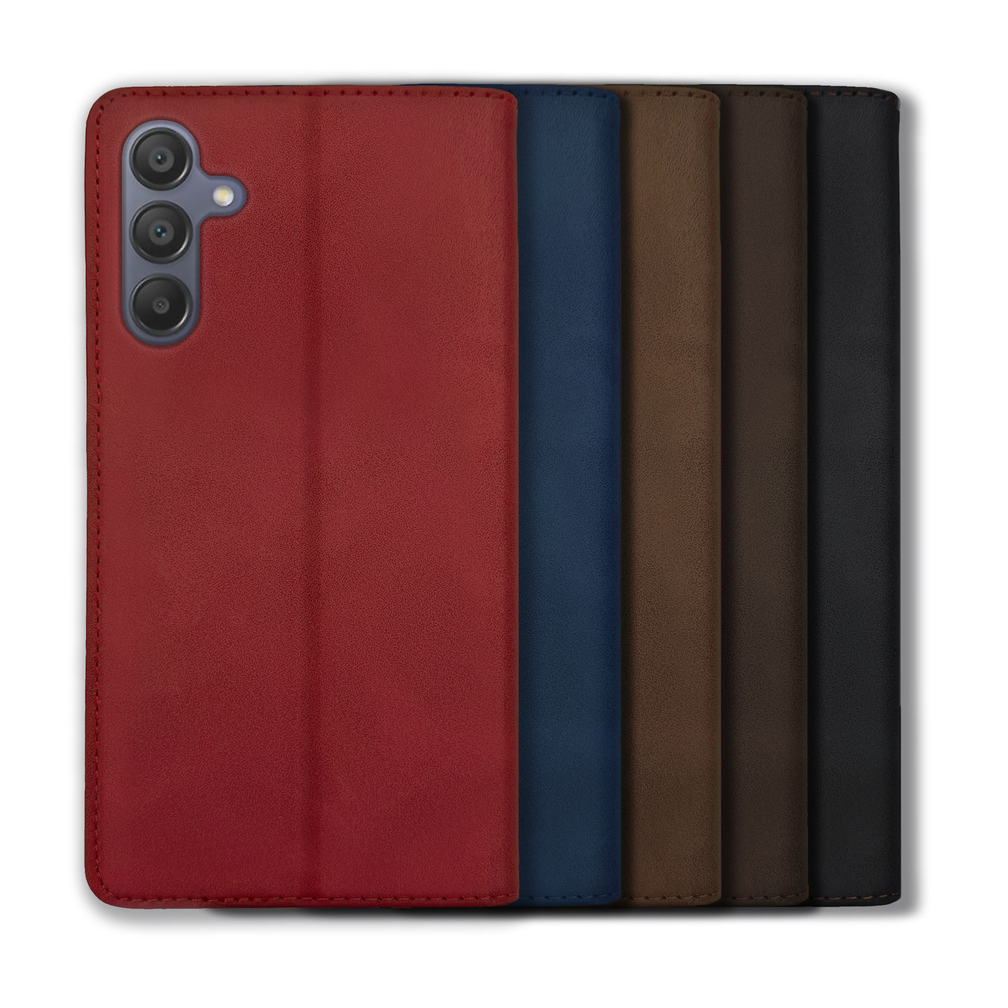 Rote, blaue, braune, dunkelbraune und schwarze Handyhüllen. Die rote Hülle ist geöffnet.