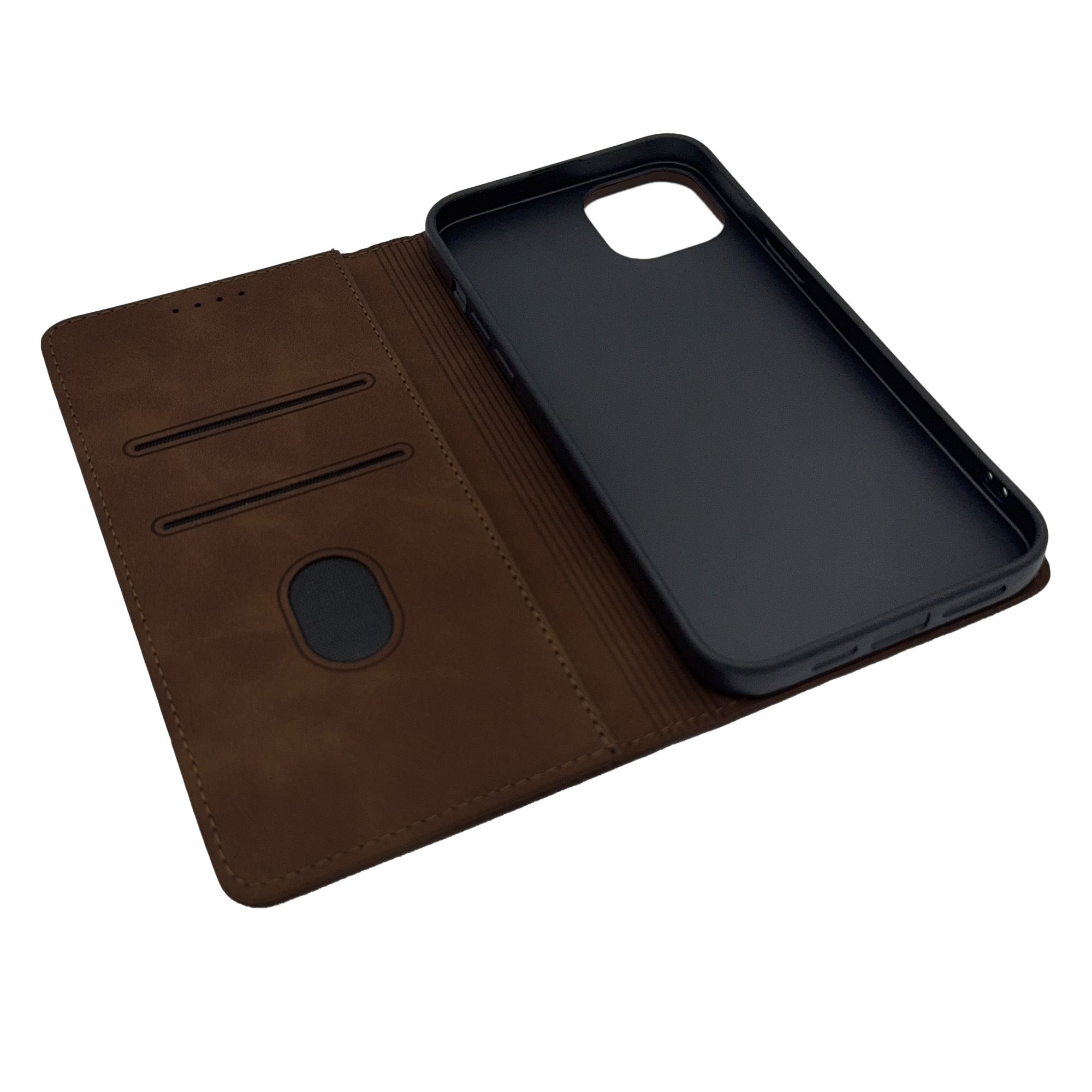 Eine offene braune Handyhülle mit Kartenfächern und einem schwarzen, telefonförmigen Halter.