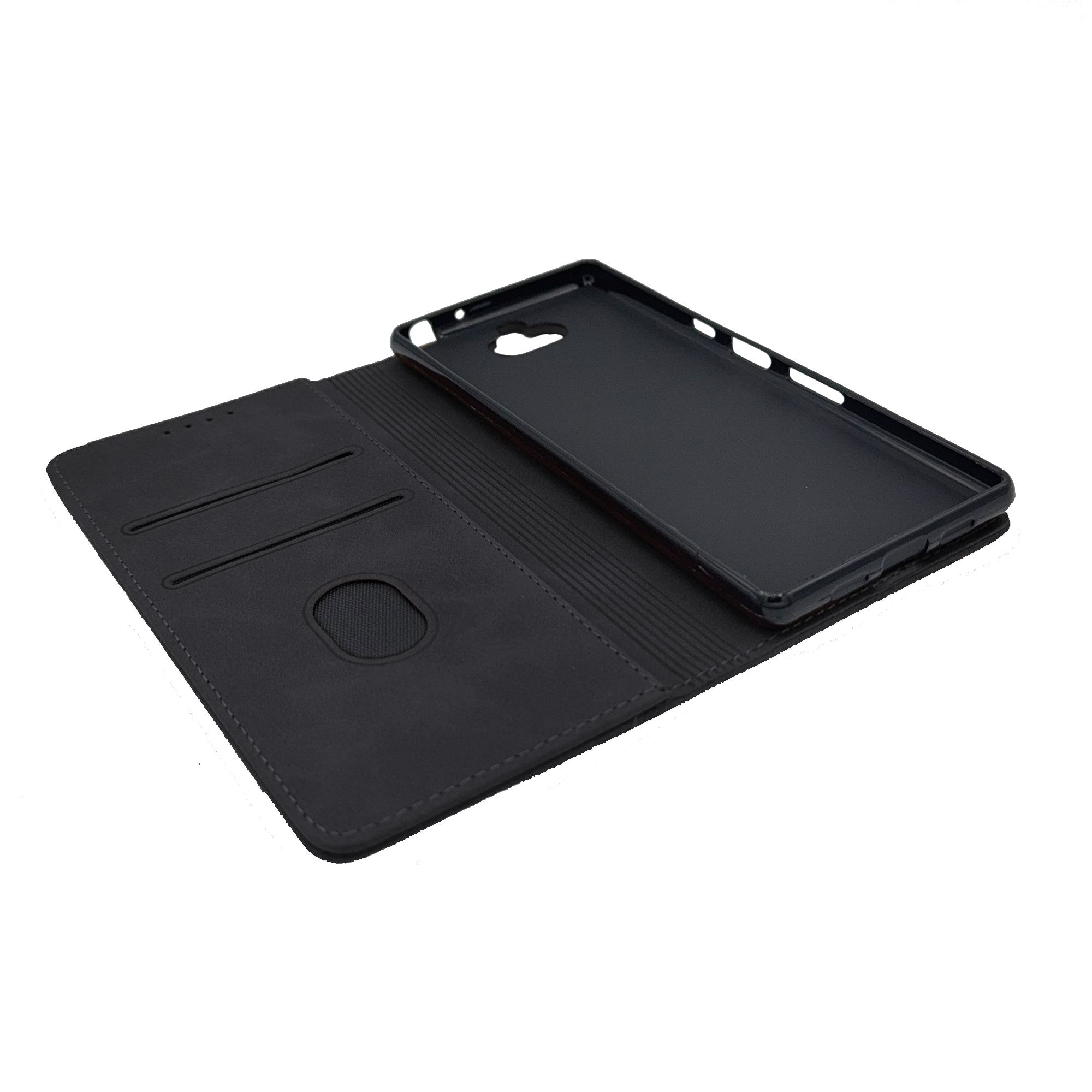 Geöffnete schwarze Handyhülle mit Innenansicht und schwarzem Handyhalter. Weißer Hintergrund.