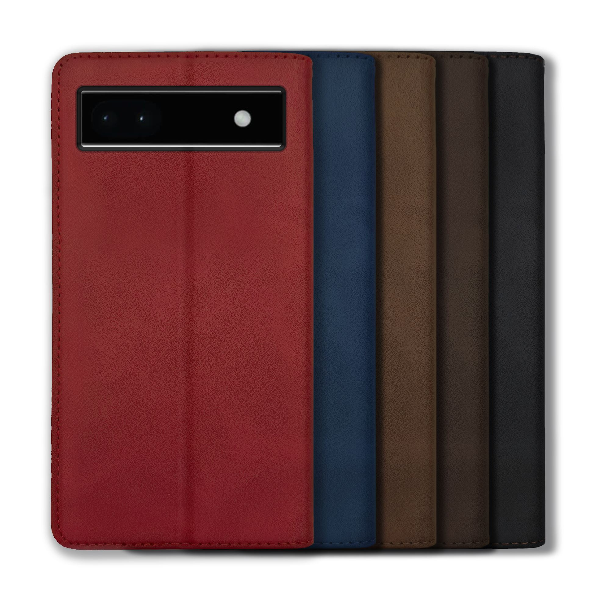 Handyhülle in verschiedenen Farben, rot, blau, braun und schwarz, auf weißem Untergrund.