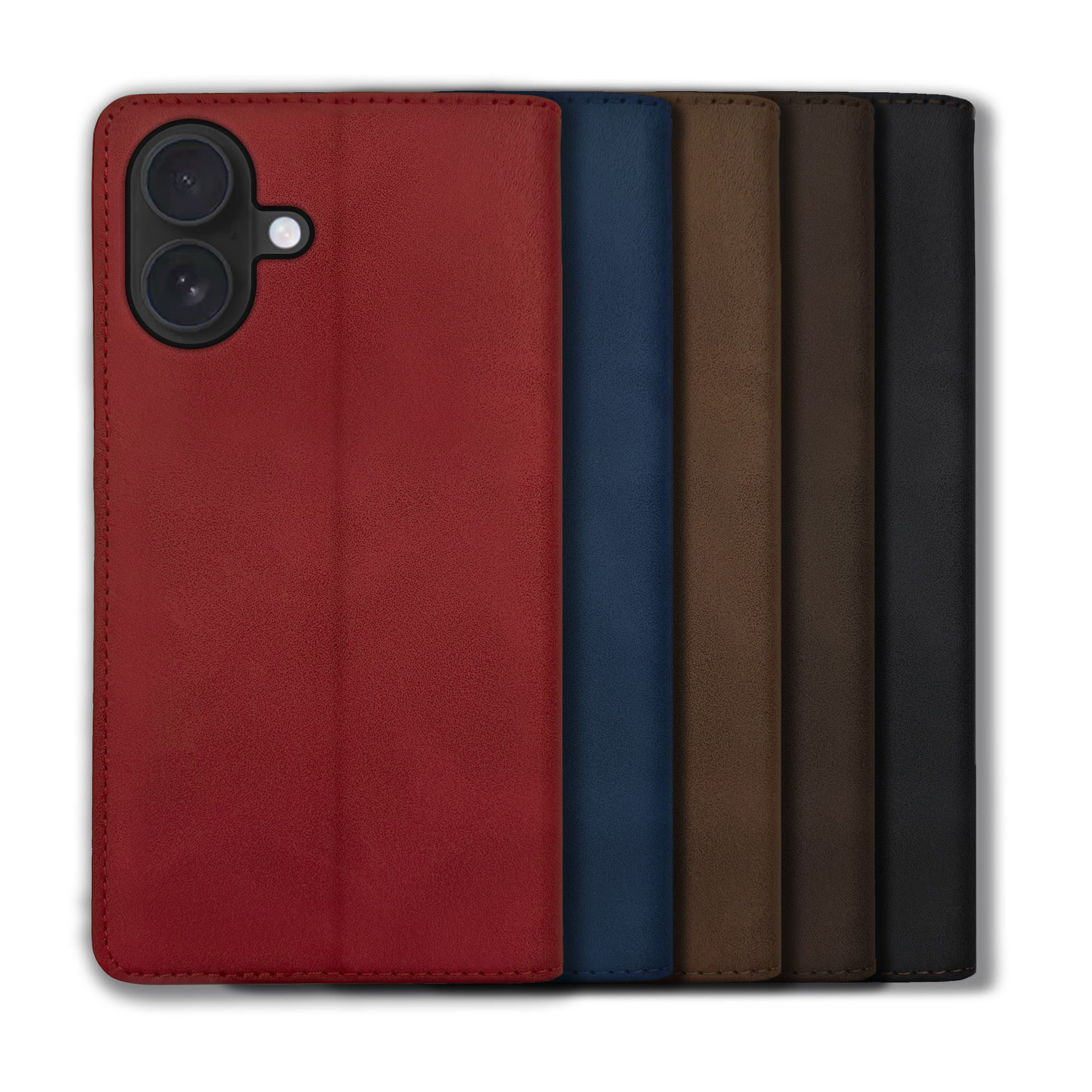 Ein Set aus 5 Handyhüllen in verschiedenen Farben: Rot, Blau, Braun, Beige und Schwarz.