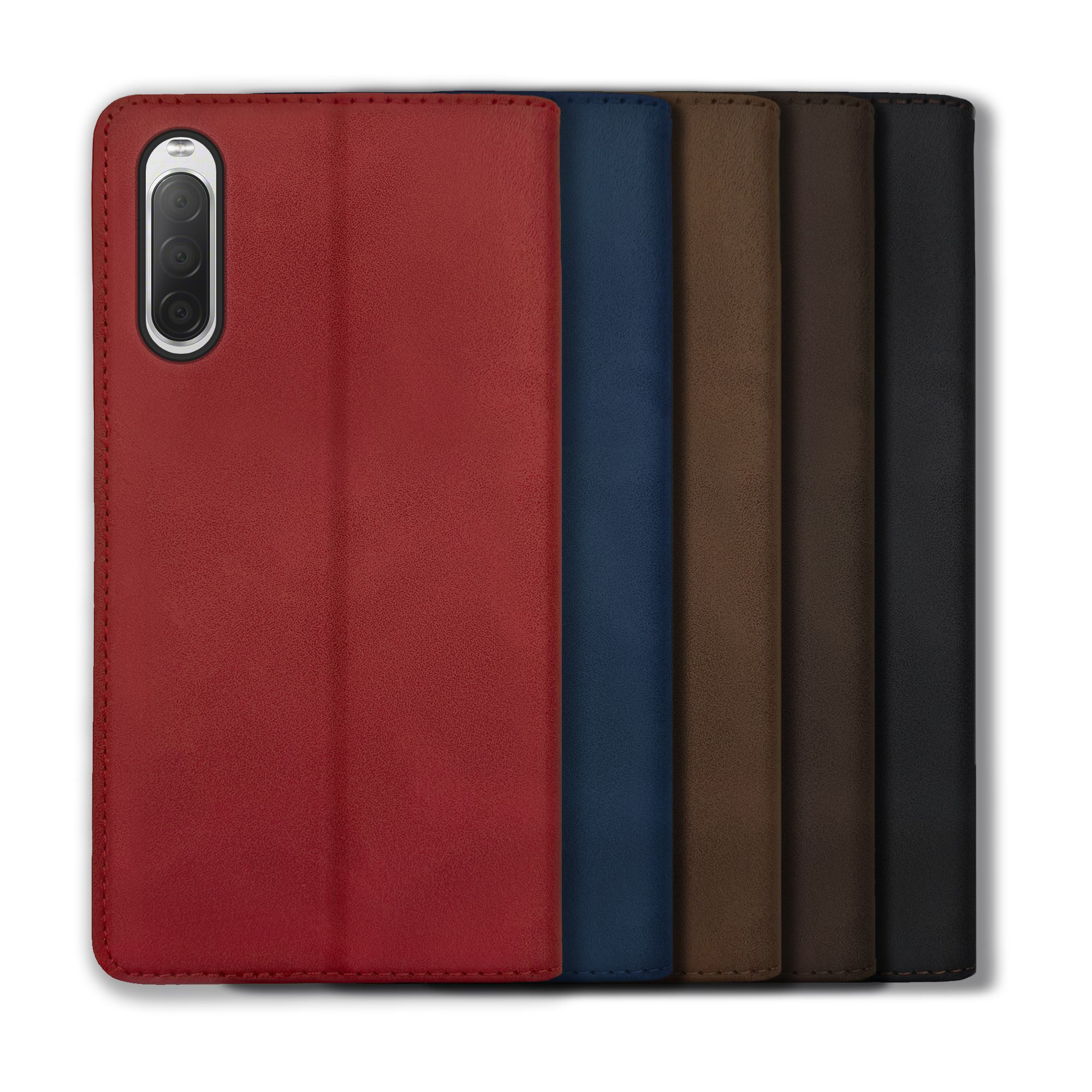 Ein geschlossenes Handy-Case in Rot, mit einem Handy-Umriss und mehreren Farben.