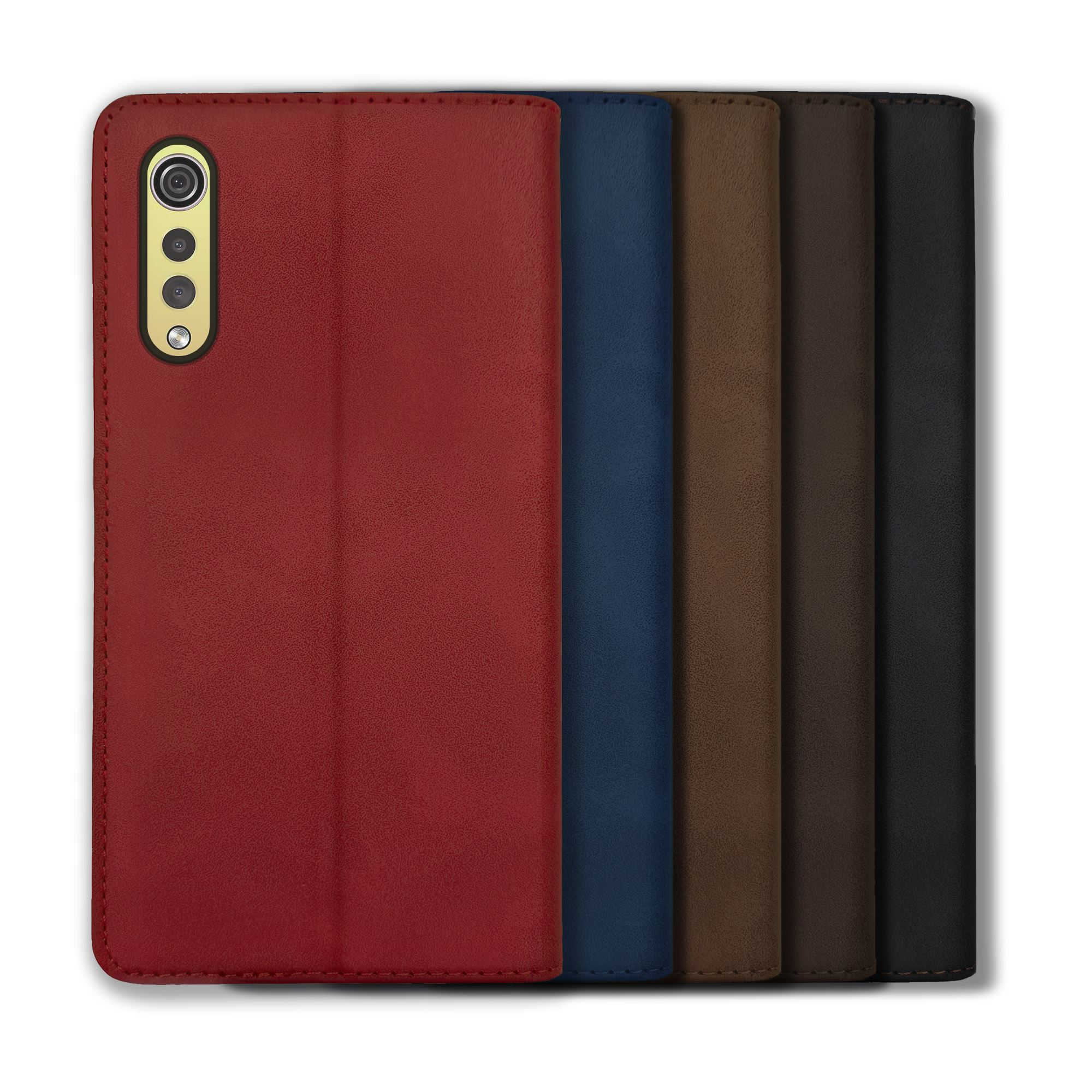 Fünf Handyhüllen in einer Reihe. Rot, blau, braun, beige und schwarz. Alle sind offen, zeigen die Rückseite.