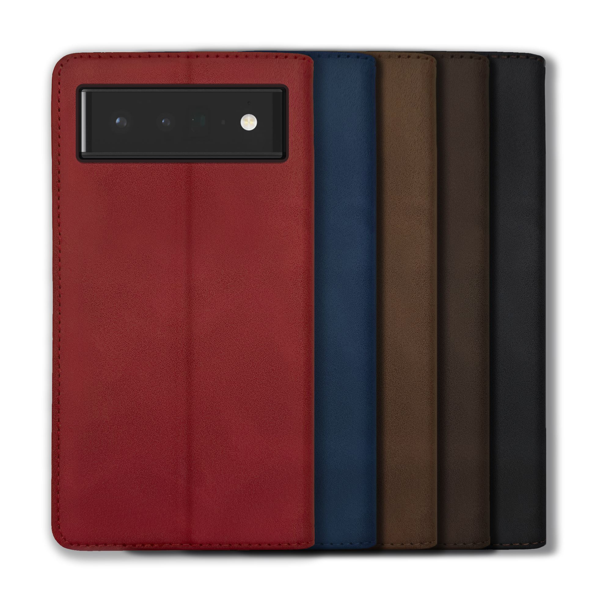 Handyhüllen in verschiedenen Farben: Rot, Blau, Braun und Schwarz.