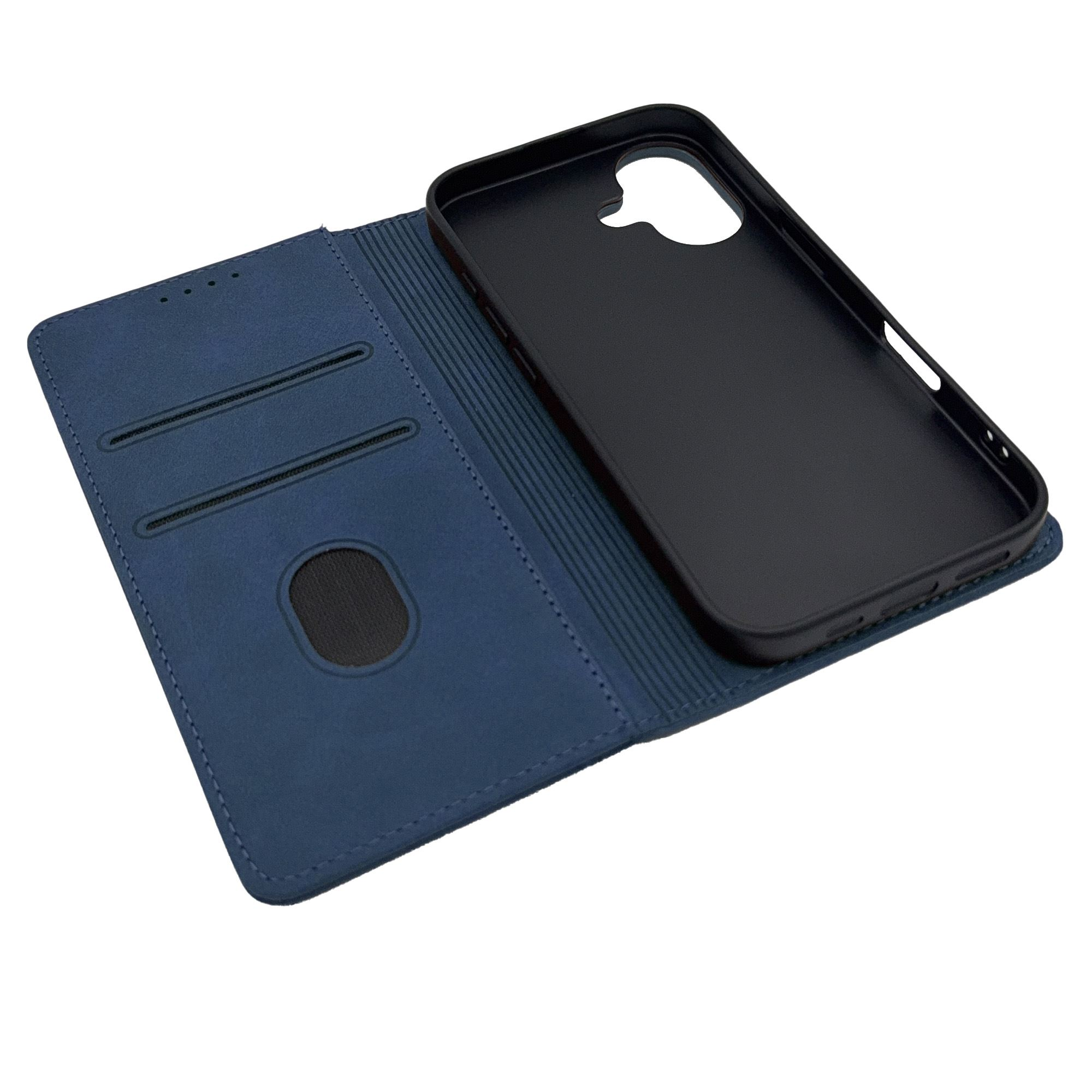 Geöffnete blaue Leder-Handyhülle mit schwarzem Telefonfach und Kartenfächern.