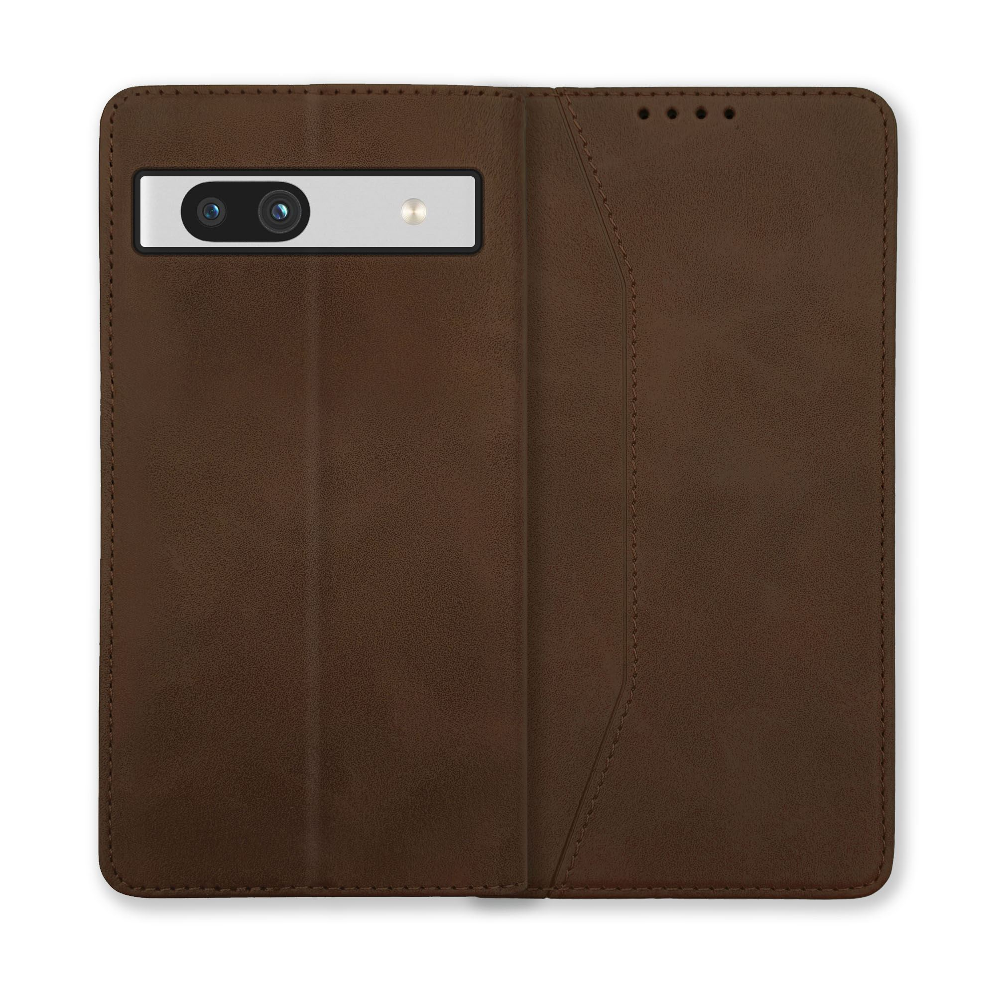 Braune Handyhülle im Brieftaschenstil. Sie ist offen und zeigt den Kameraausschnitt des Telefons.