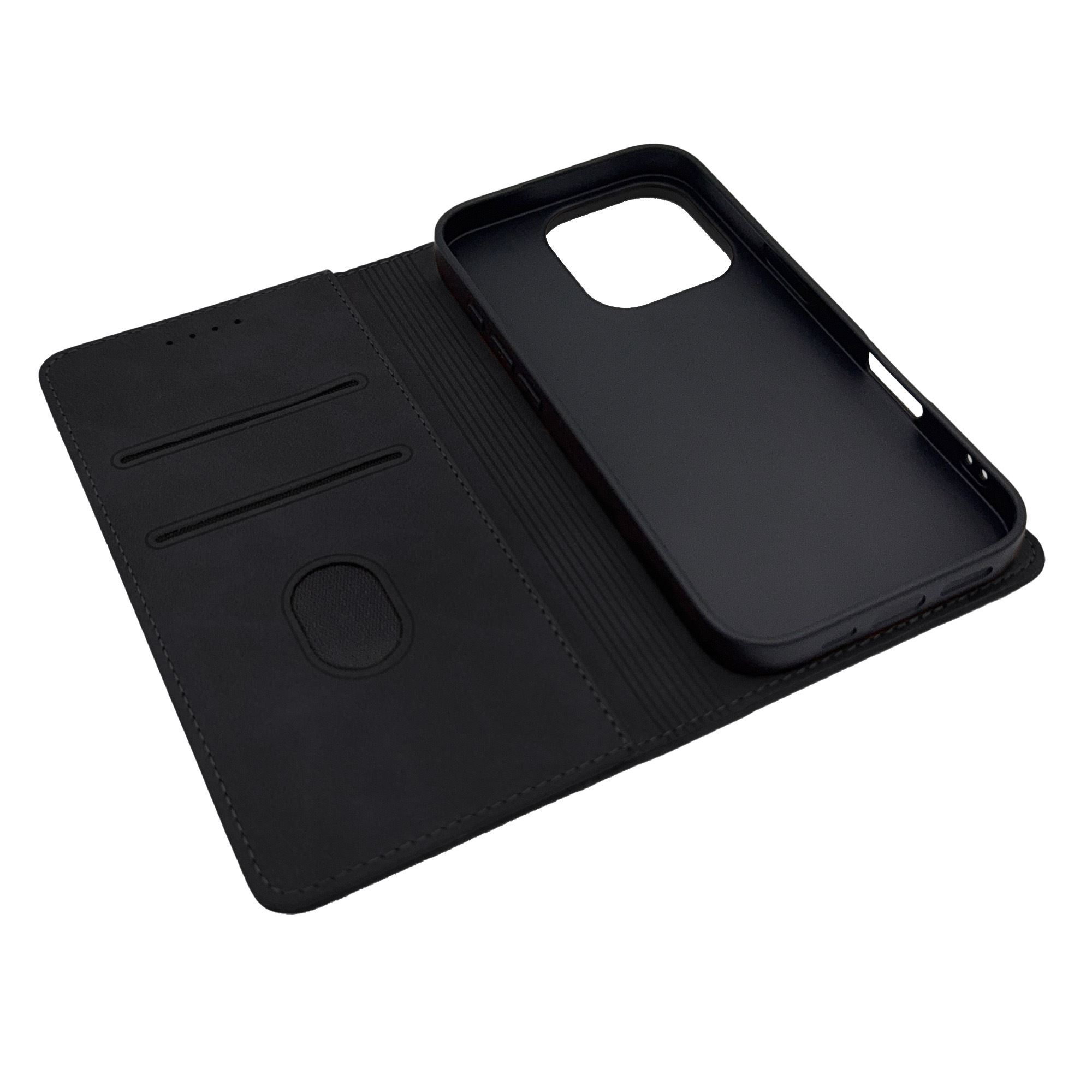 Schwarze Handyhülle, offen, mit Telefonhalter und Innentaschen.