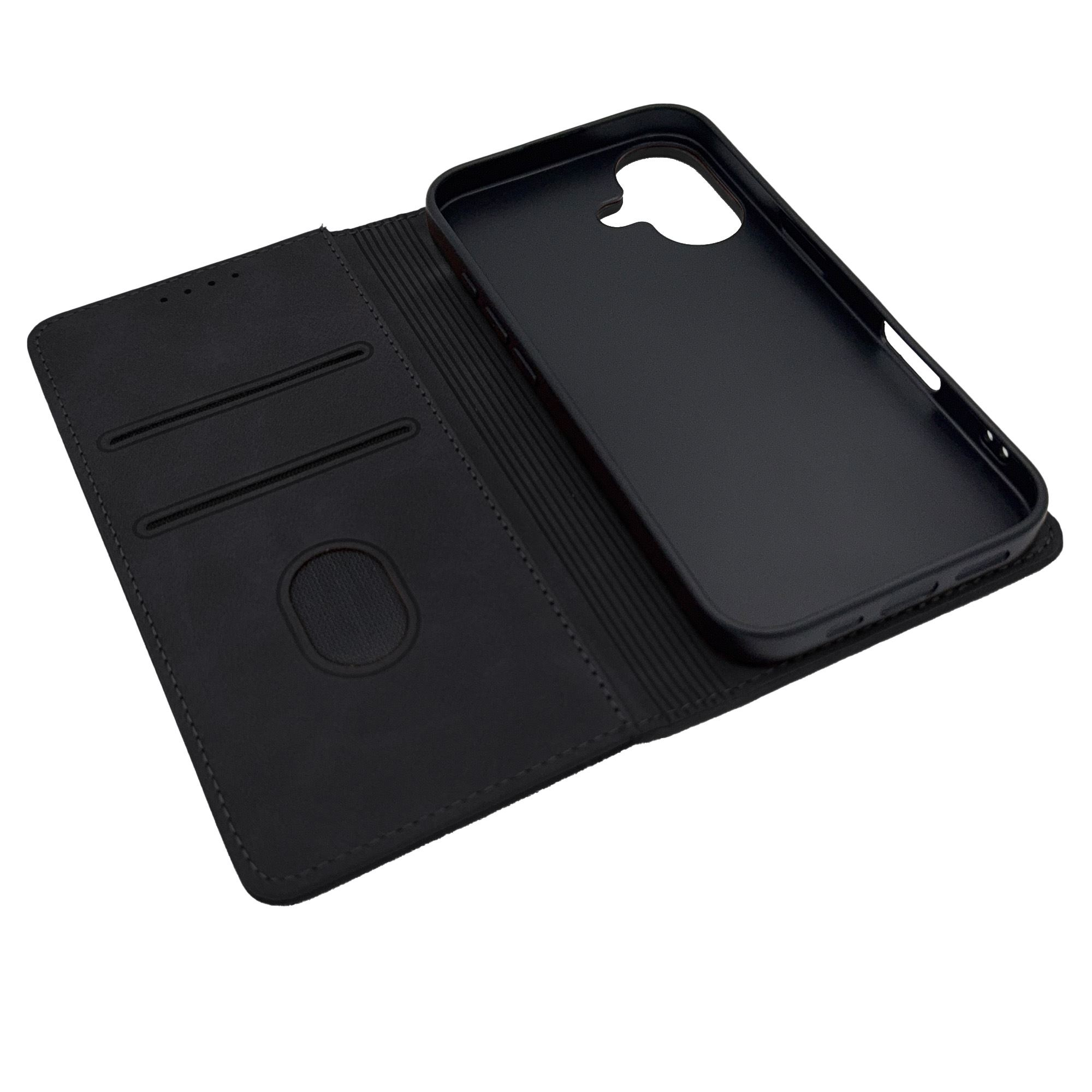 Geöffnete schwarze Handyhülle mit schwarzem Handyhalter.