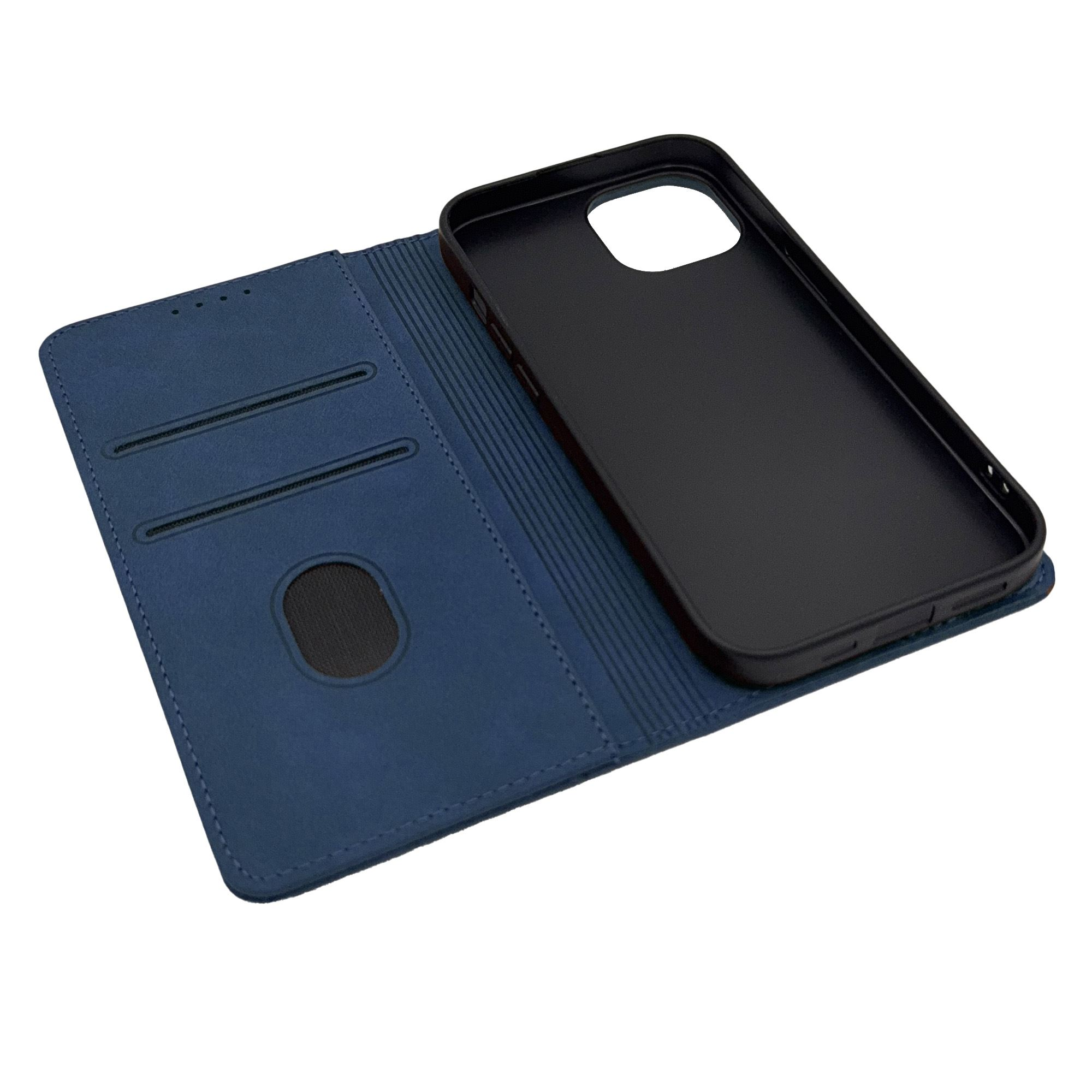 Blaues Handy-Case geöffnet, mit Schlitzen, schwarzem Innenraum und schwarzem Handy-Case.