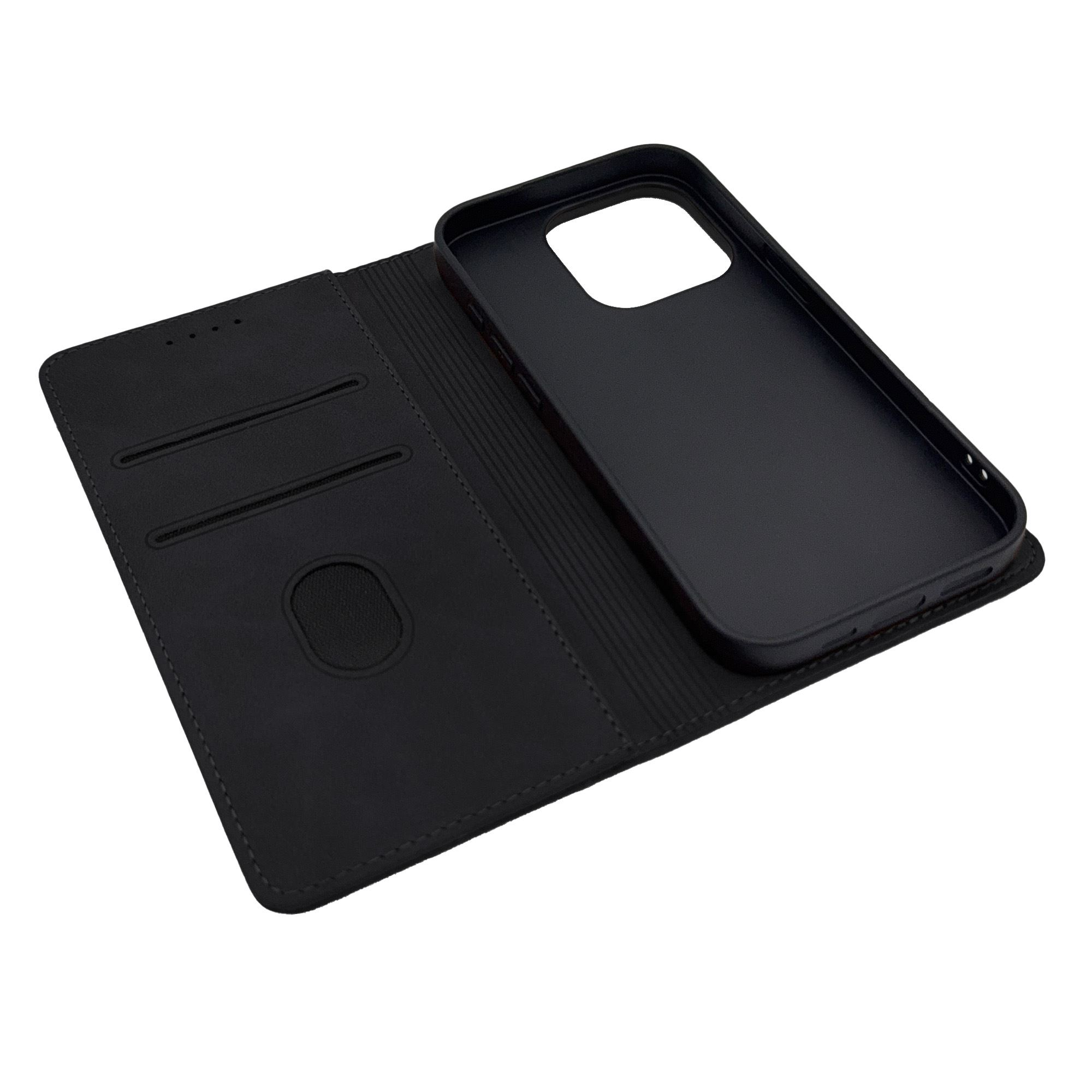 Schwarze offene Handyhülle mit einem schwarzen Telefon darin.