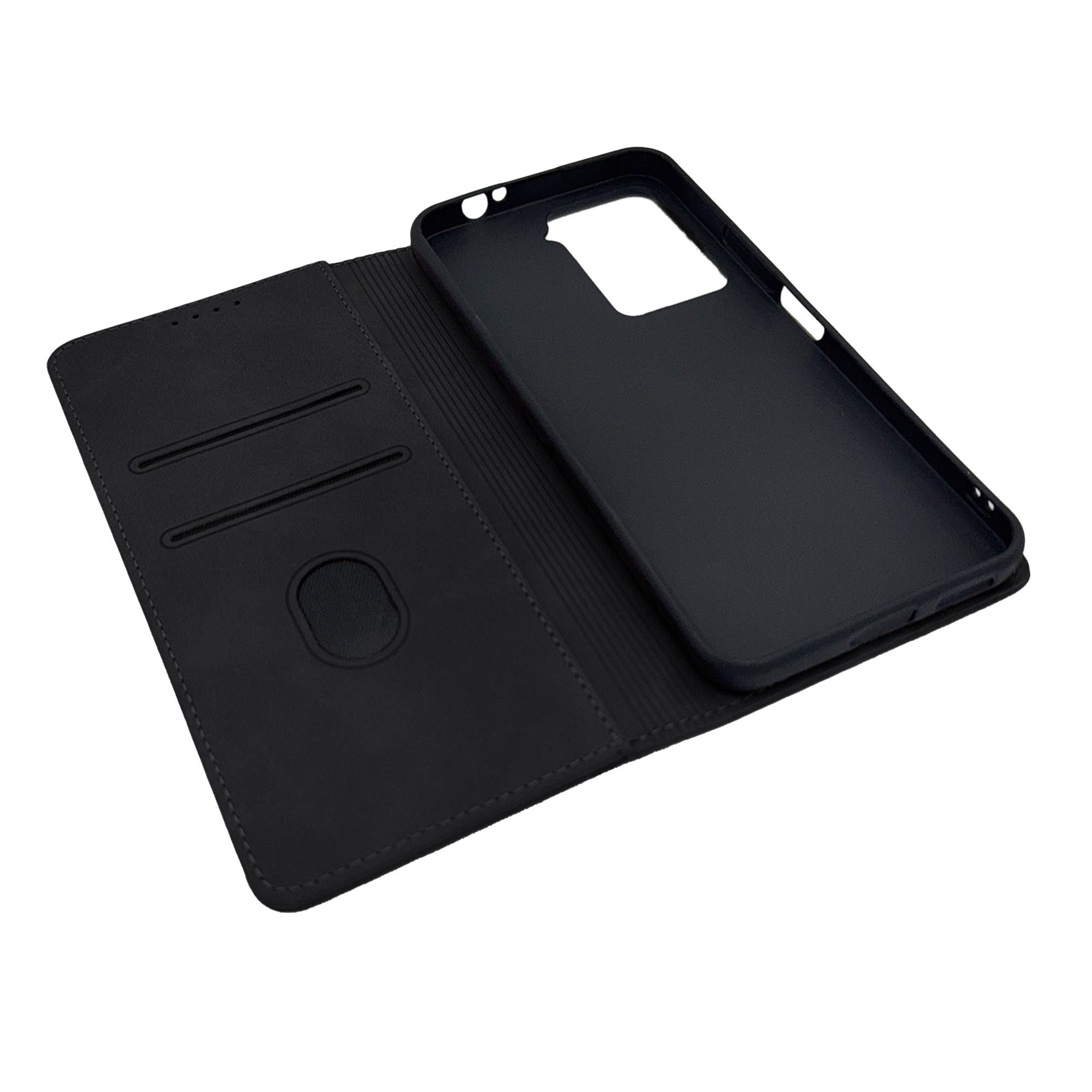 Eine schwarze Handyhülle im offenen Brieftaschenstil, die das Innere des Telefons zeigt.
