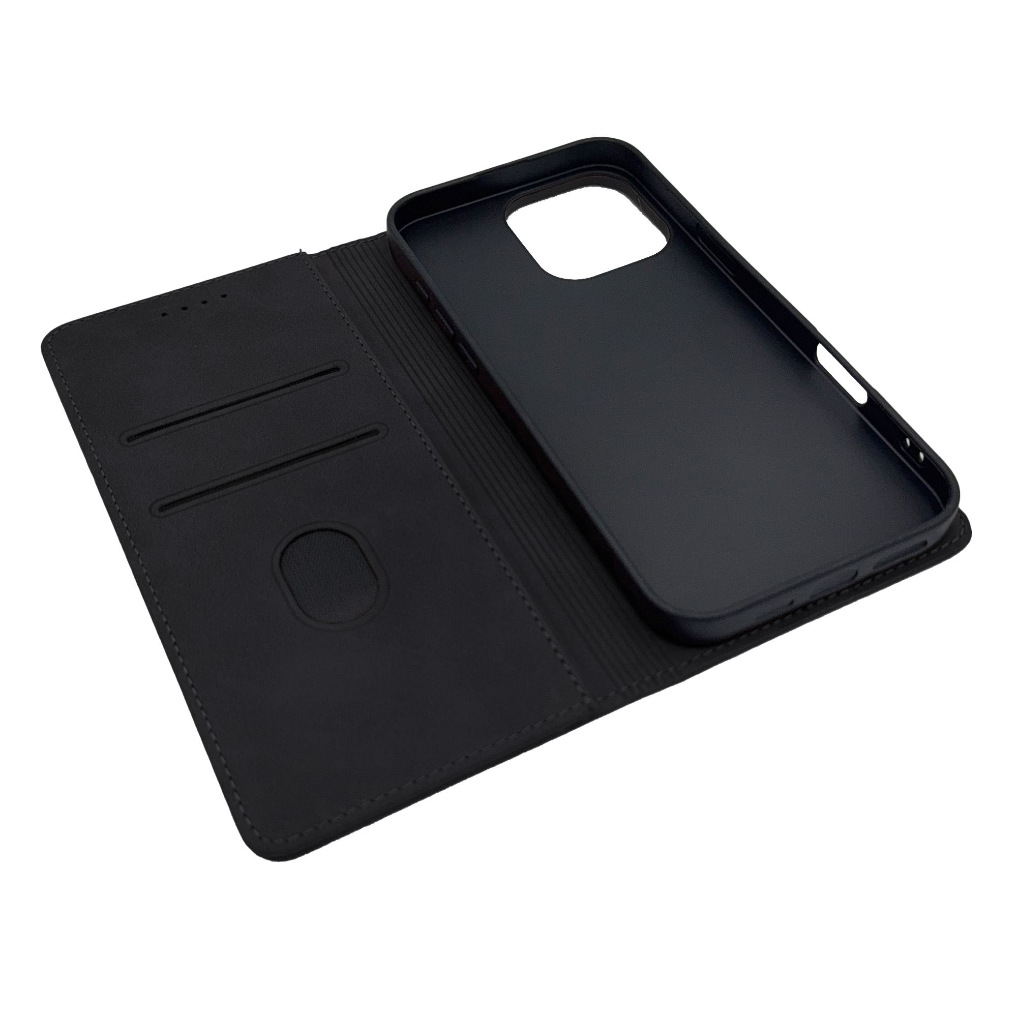 Geöffnete schwarze Leder-Handyhülle mit schwarzer Handyhülle. Es hat Kartenfächer.