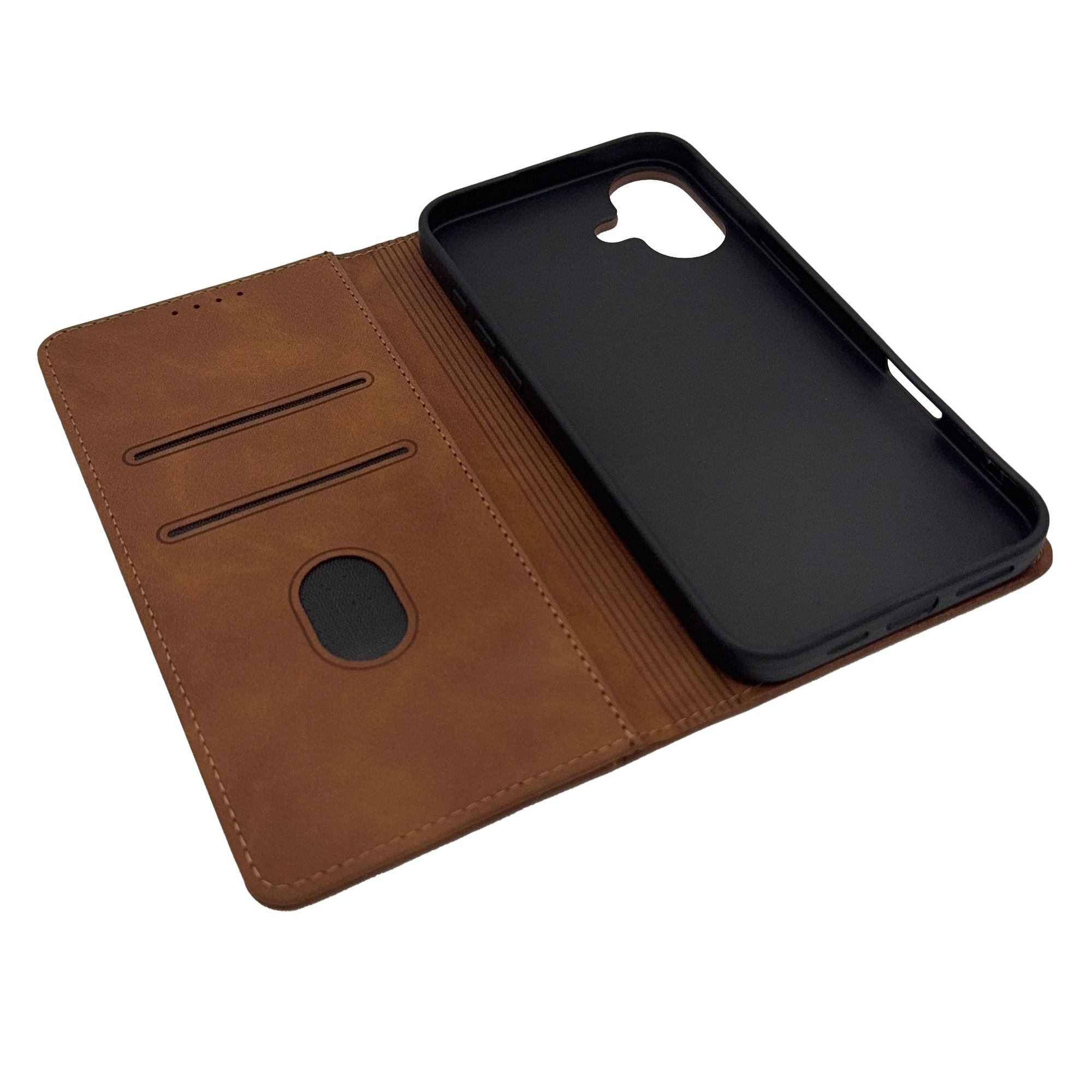 Eine braune Handyhülle mit einem schwarzen Telefon darin.