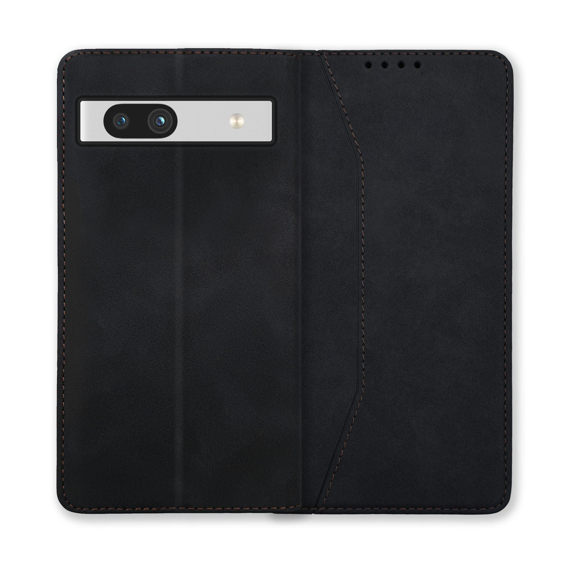Eine offene schwarze Leder-Handyhülle. Das Telefon hat eine Kamera und einen Blitz.