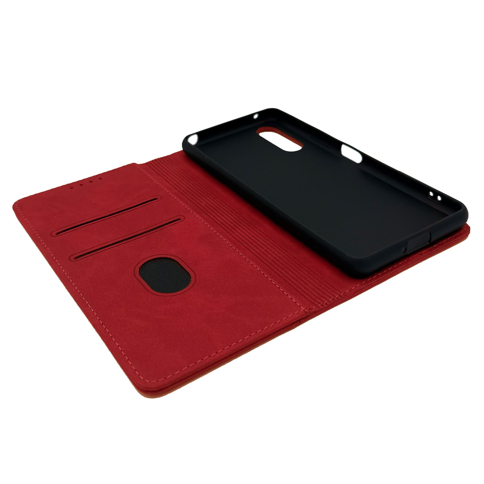 Eine offene rote Leder-Handyhülle mit Kartenfächern und einem schwarzen Telefonhalter.