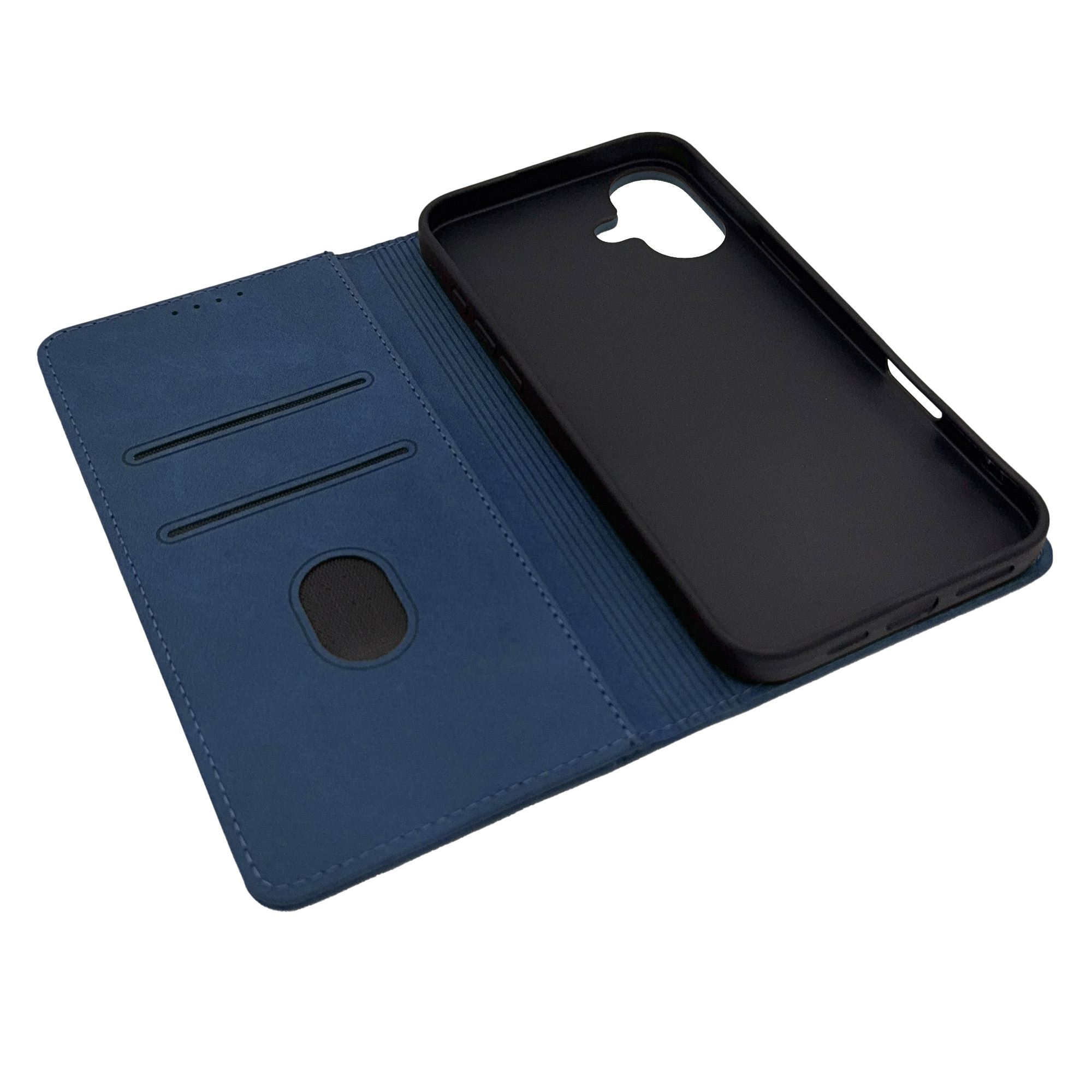 Eine blaue Handyhülle geöffnet, die eine schwarze Handyschale mit Kartenfächern auf weißem Hintergrund zeigt.