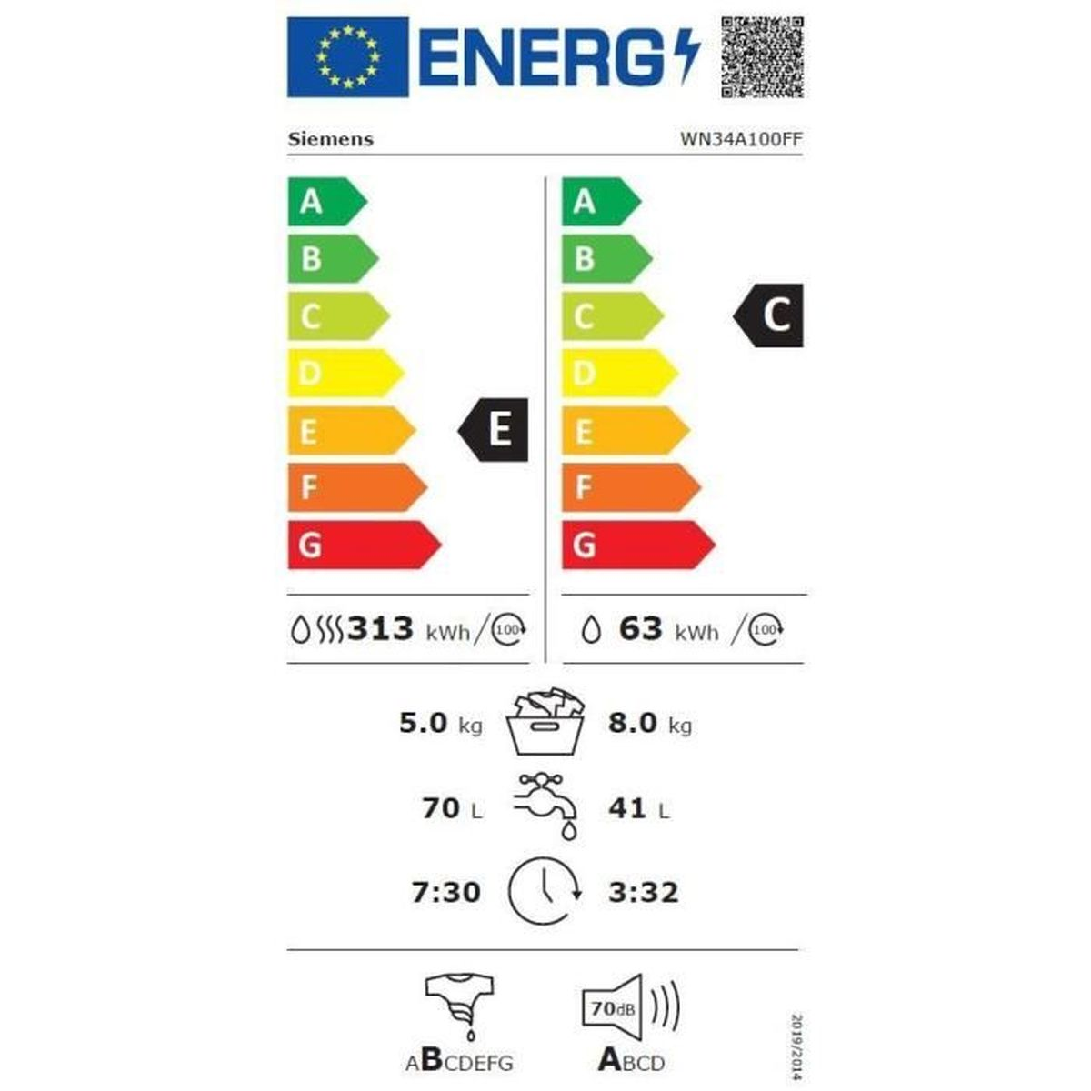 Energielabel für eine Siemens Waschmaschine, zeigt Energieeffizienz-Informationen und Symbole.