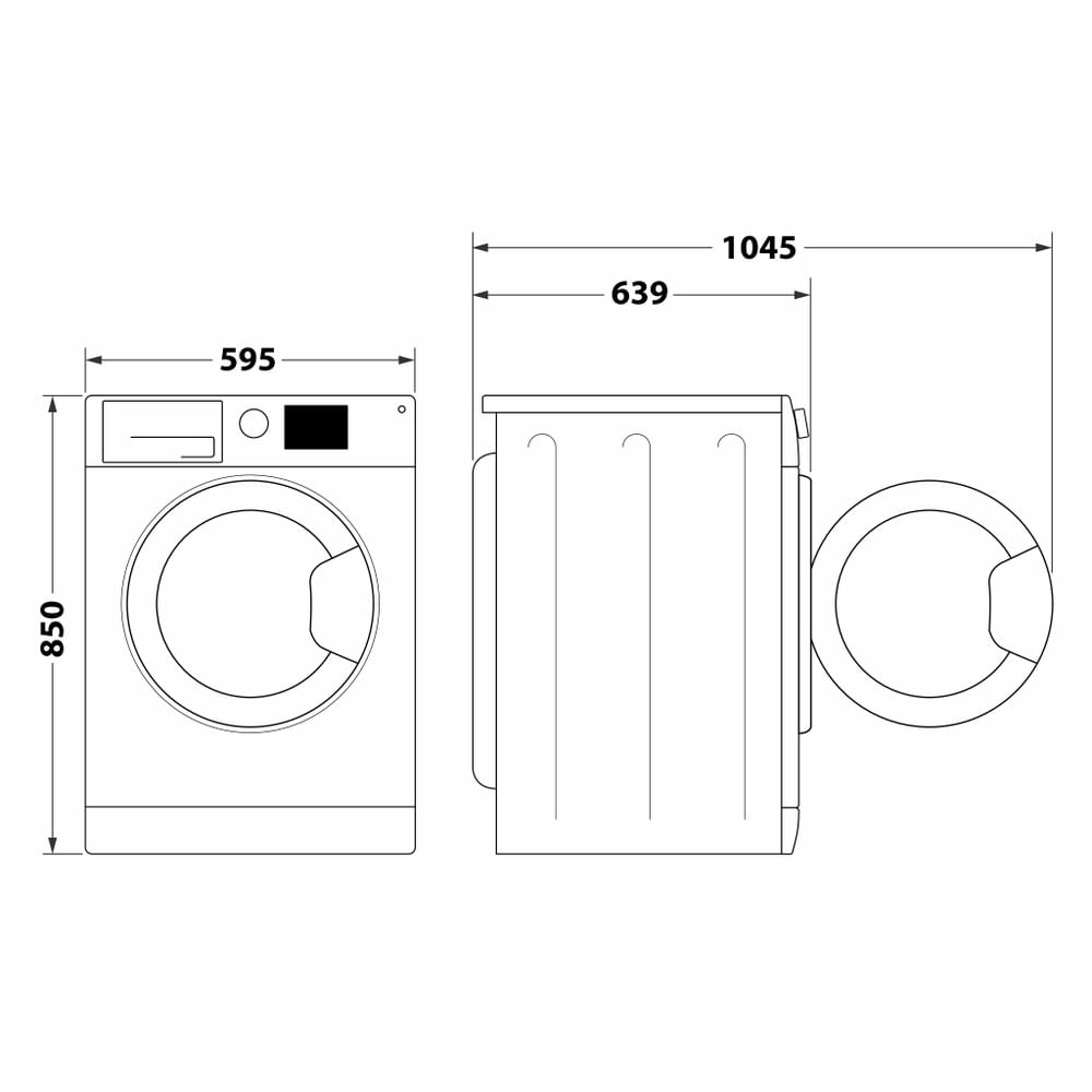 Diagrammi della lavatrice. Viste frontali, laterali e superiori con misure.