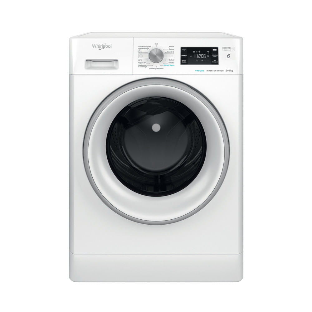 Lavatrice Whirlpool bianca con oblò circolare e pannello comandi.