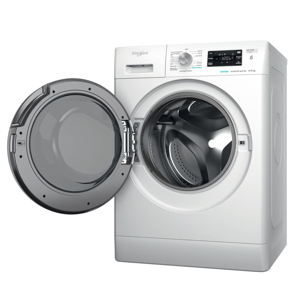 Lavatrice Whirlpool bianca con porta aperta, vista angolata, sfondo bianco.