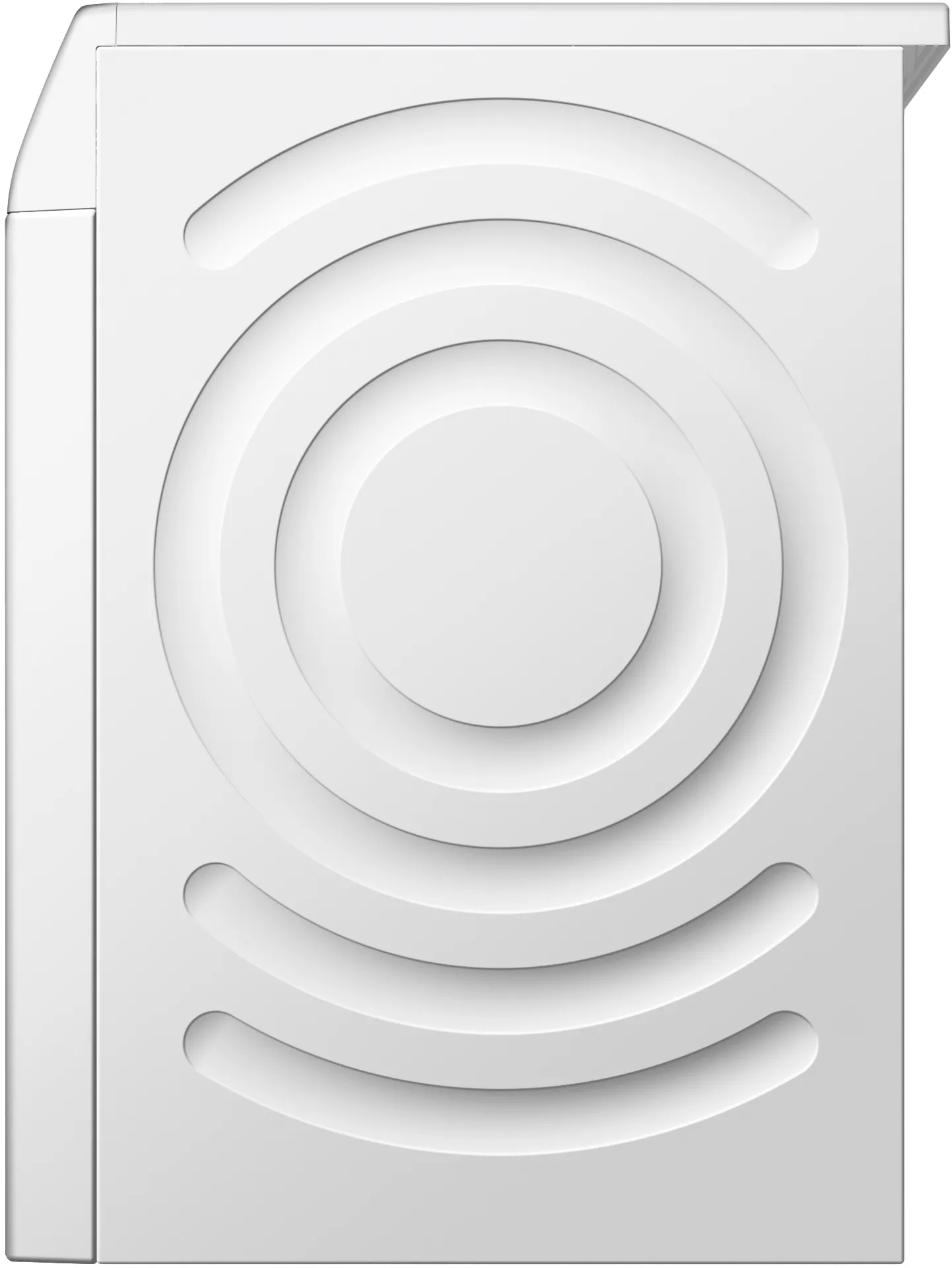 Weiße Waschmaschinentür mit konzentrischem kreisförmigen Design, Seitenansicht.