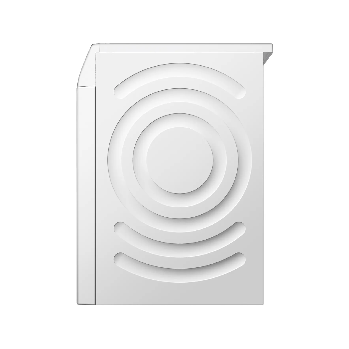 Weiße Waschmaschine, Vorderansicht der Seitenwand mit kreisförmigem Design.