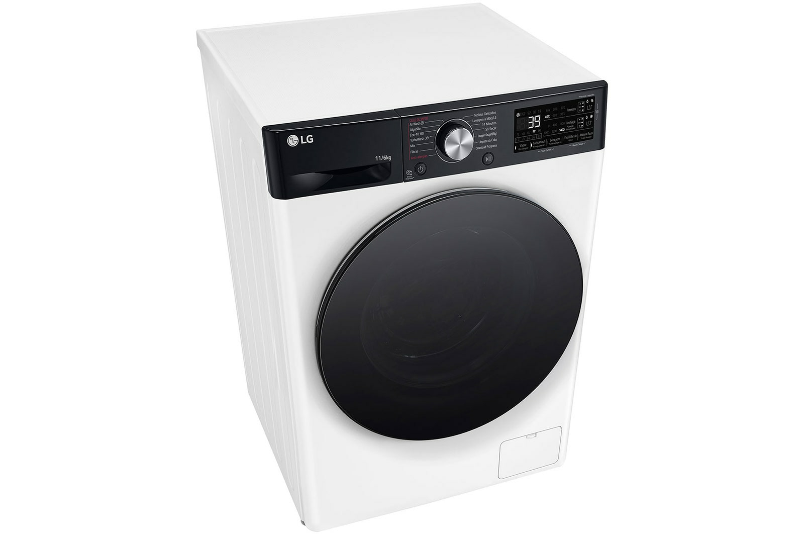 Una vista cenital de una lavadora LG blanca con puerta negra y panel de control digital.