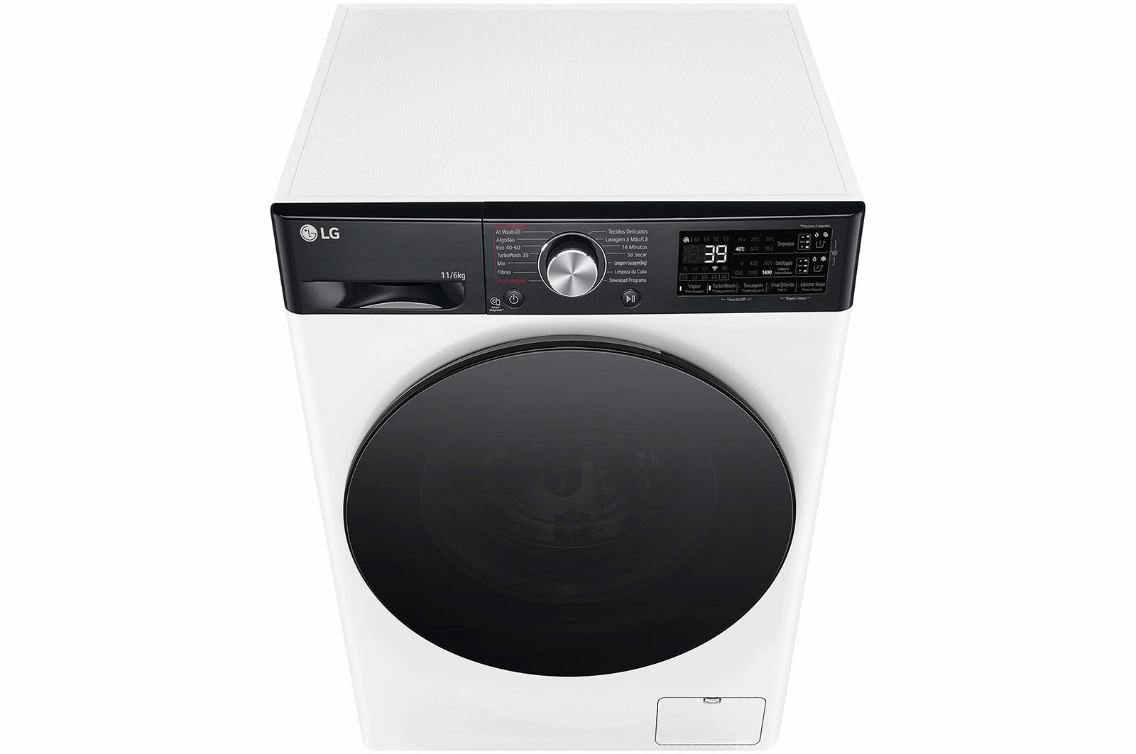 Vista superior de una lavadora LG blanca con puerta y panel de control negros.