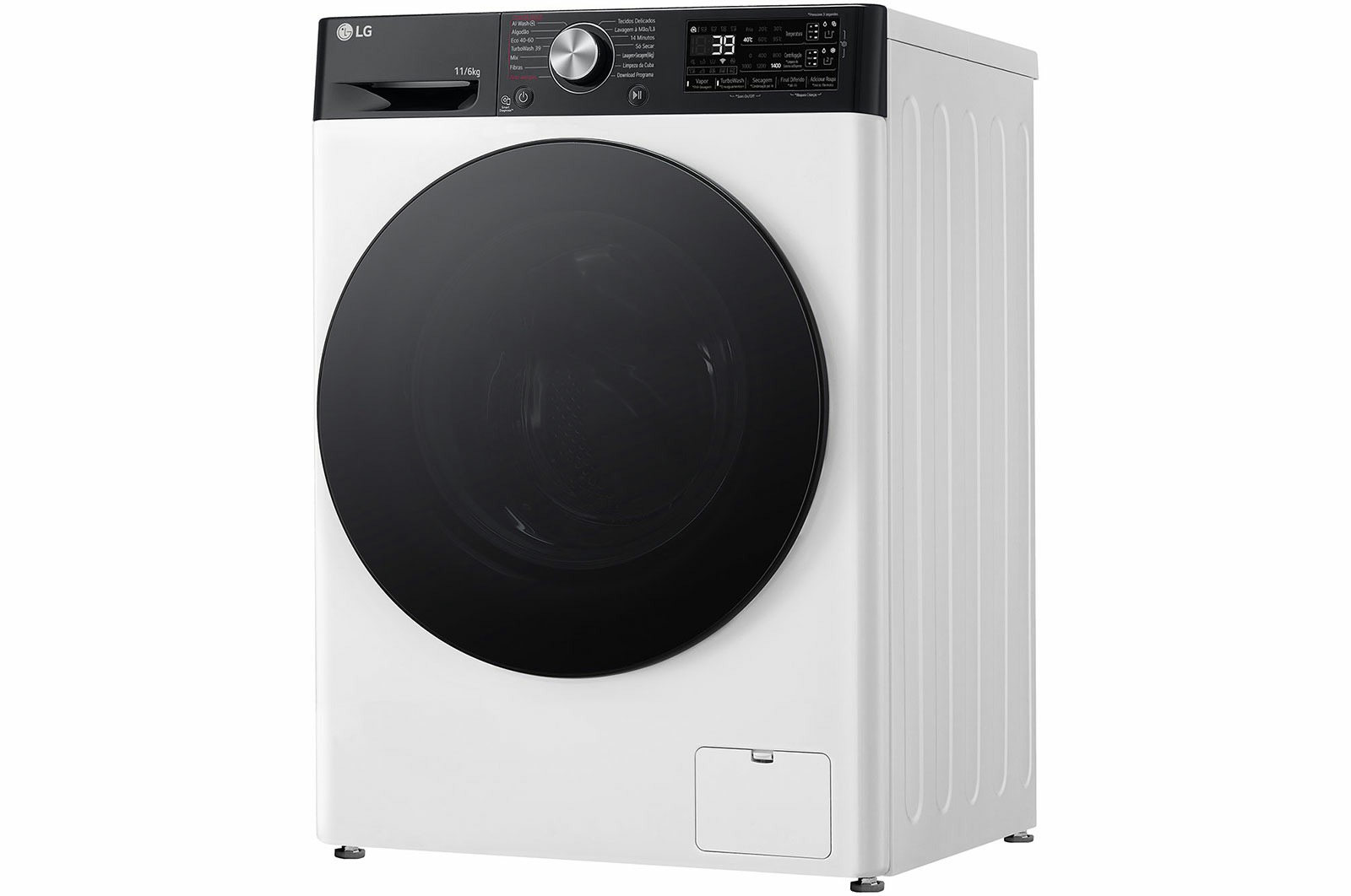 Una lavadora LG blanca, vista en ángulo, con puerta y panel de control negros.