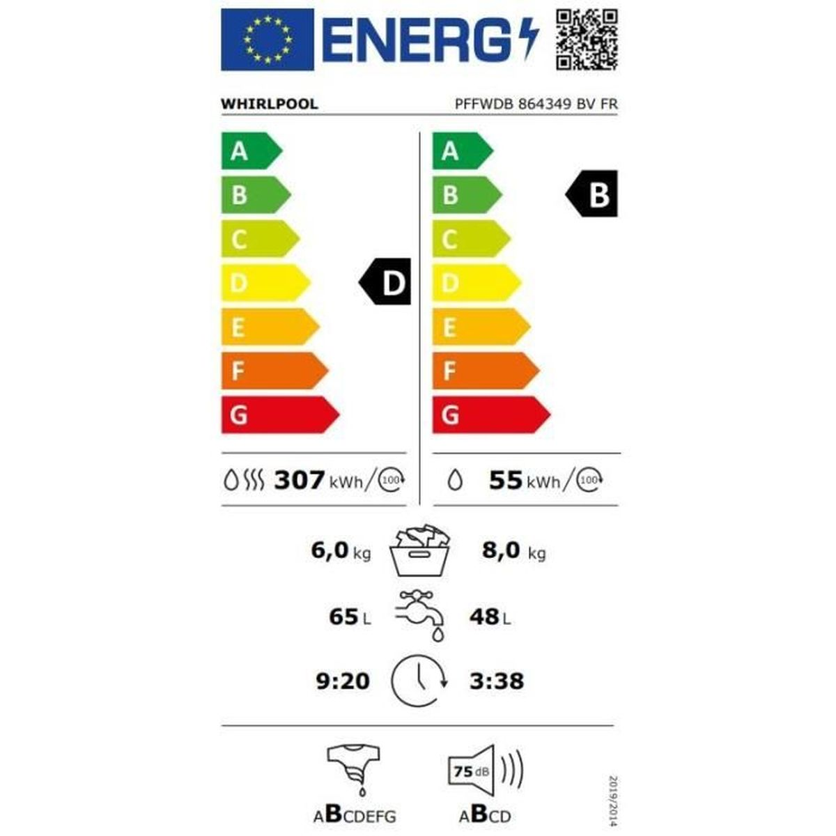 Energielabel für eine Whirlpool-Waschmaschine, mit Angaben zur Energieeffizienz.