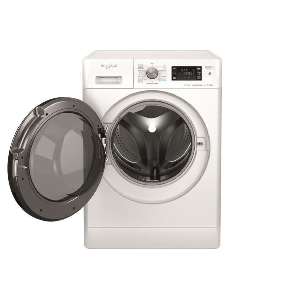 Eine weiße Whirlpool-Waschmaschine mit geöffneter Tür, die die Trommel zeigt.