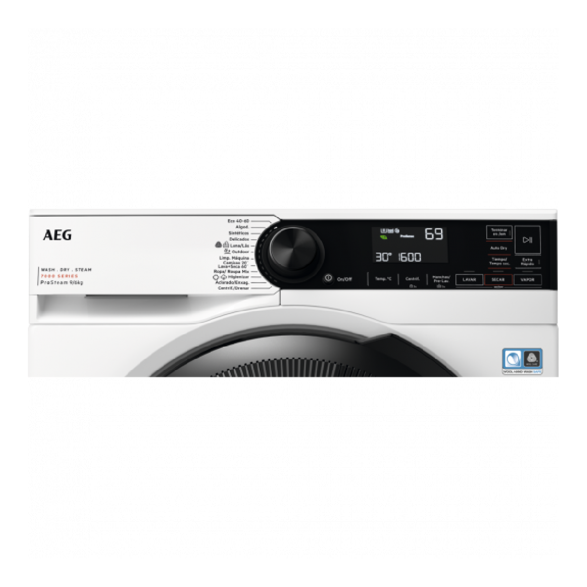 Lavadora AEG blanca con panel de control en la parte superior. Tiene una puerta negra y una pantalla.