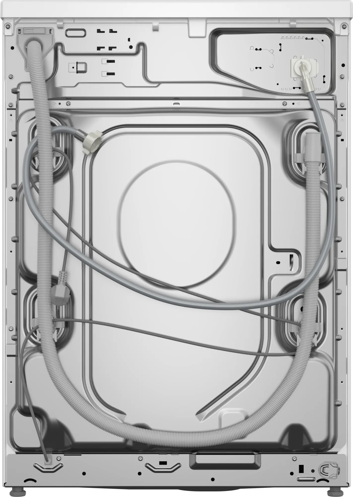 Die Rückseite einer Waschmaschine, die interne Komponenten, Schläuche und Verkabelung in einem Metallrahmen zeigt.