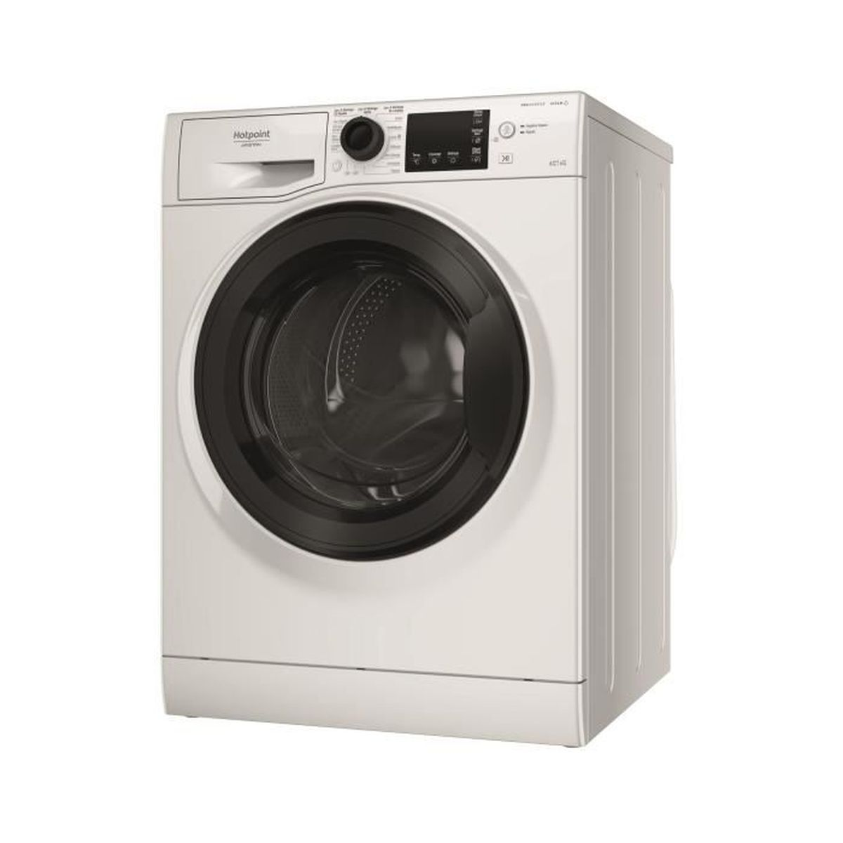 Weiße Waschmaschine, Frontansicht, mit schwarzer Tür und Hotpoint-Logo.