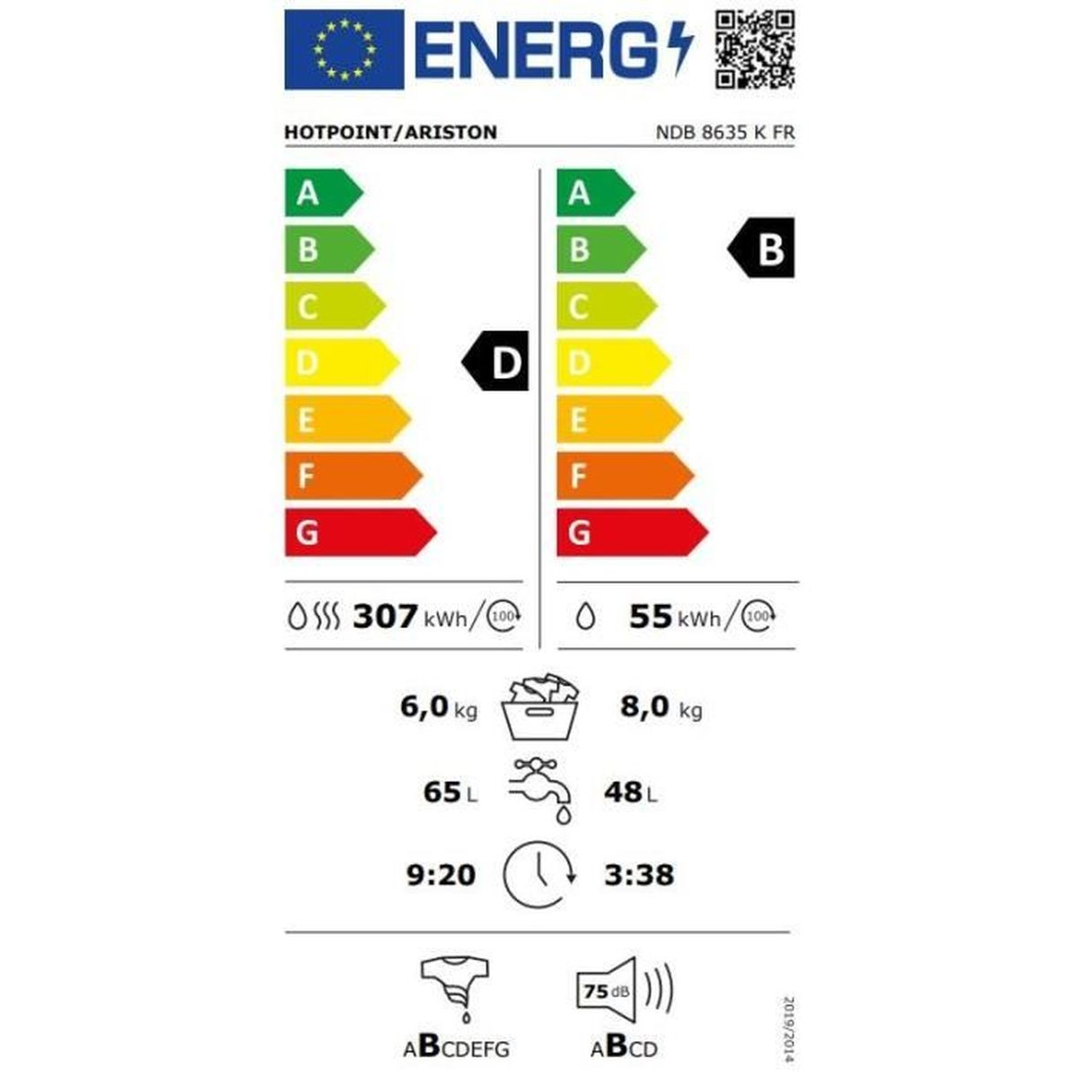 Energielabel für eine Waschmaschine von Hotpoint/Ariston, das Energieeffizienz und andere Daten zeigt.
