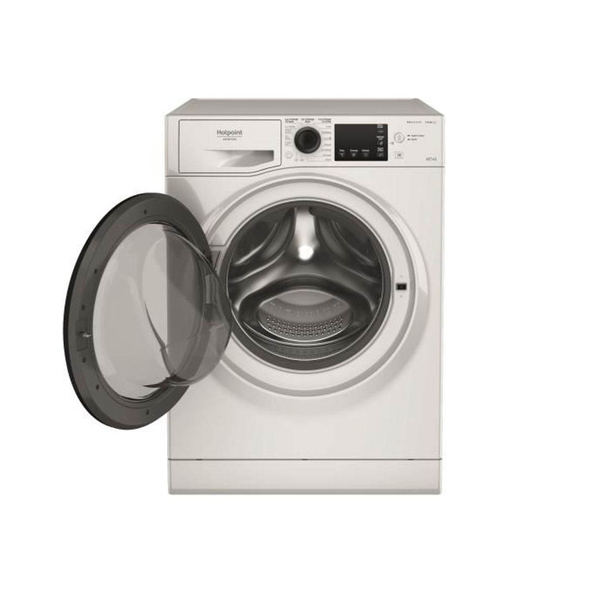 Weiße Hotpoint Waschmaschine. Geöffnete Tür, Trommel sichtbar. Bedienfeld oben.