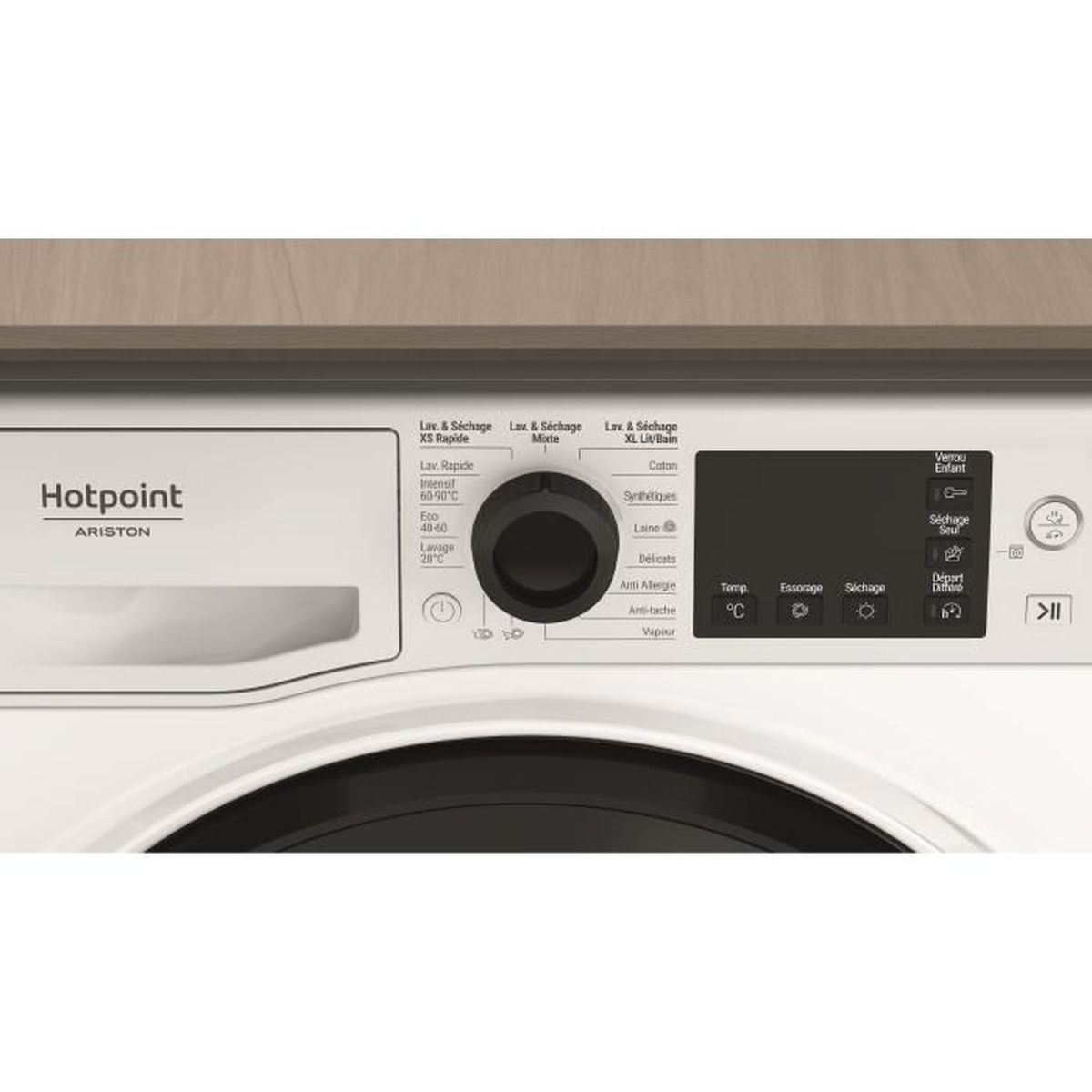 Nahaufnahme des Bedienfelds einer weißen Waschmaschine mit Hotpoint-Ariston-Logo.