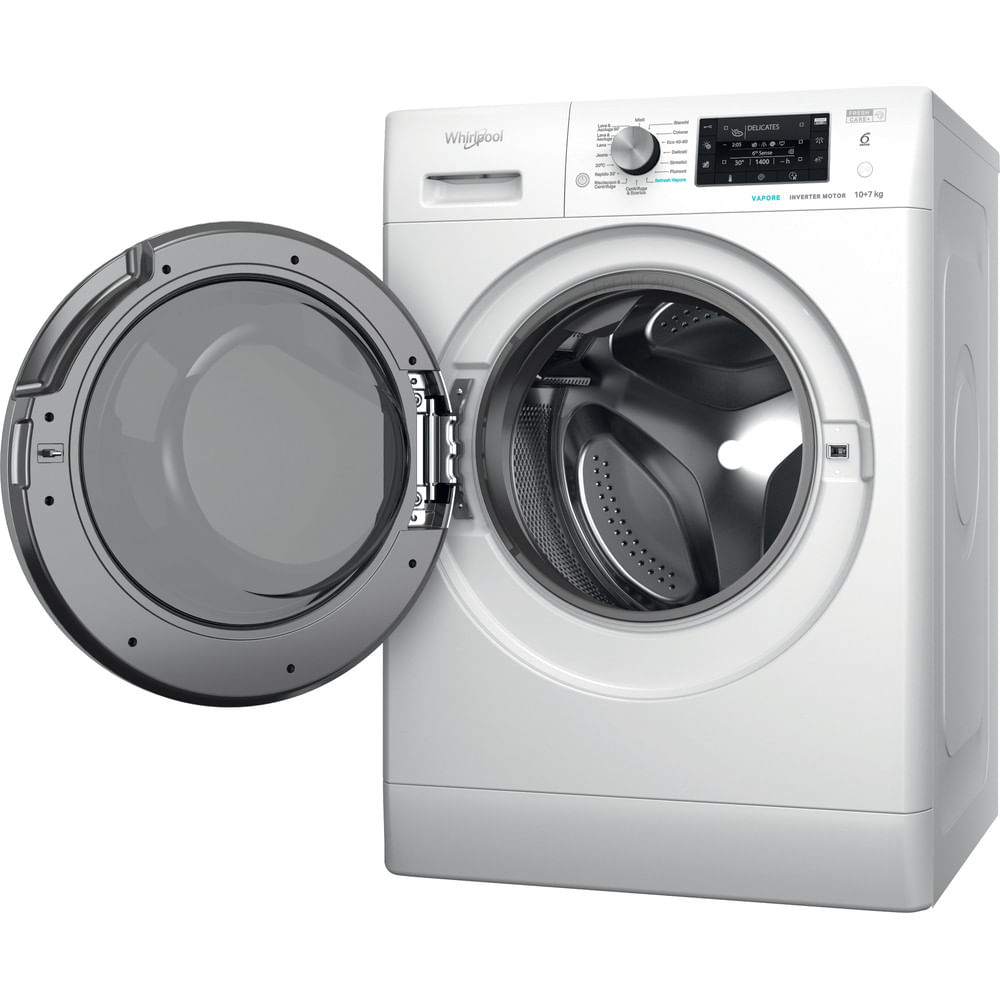 Una lavatrice Whirlpool bianca con la porta aperta, angolata verso destra.