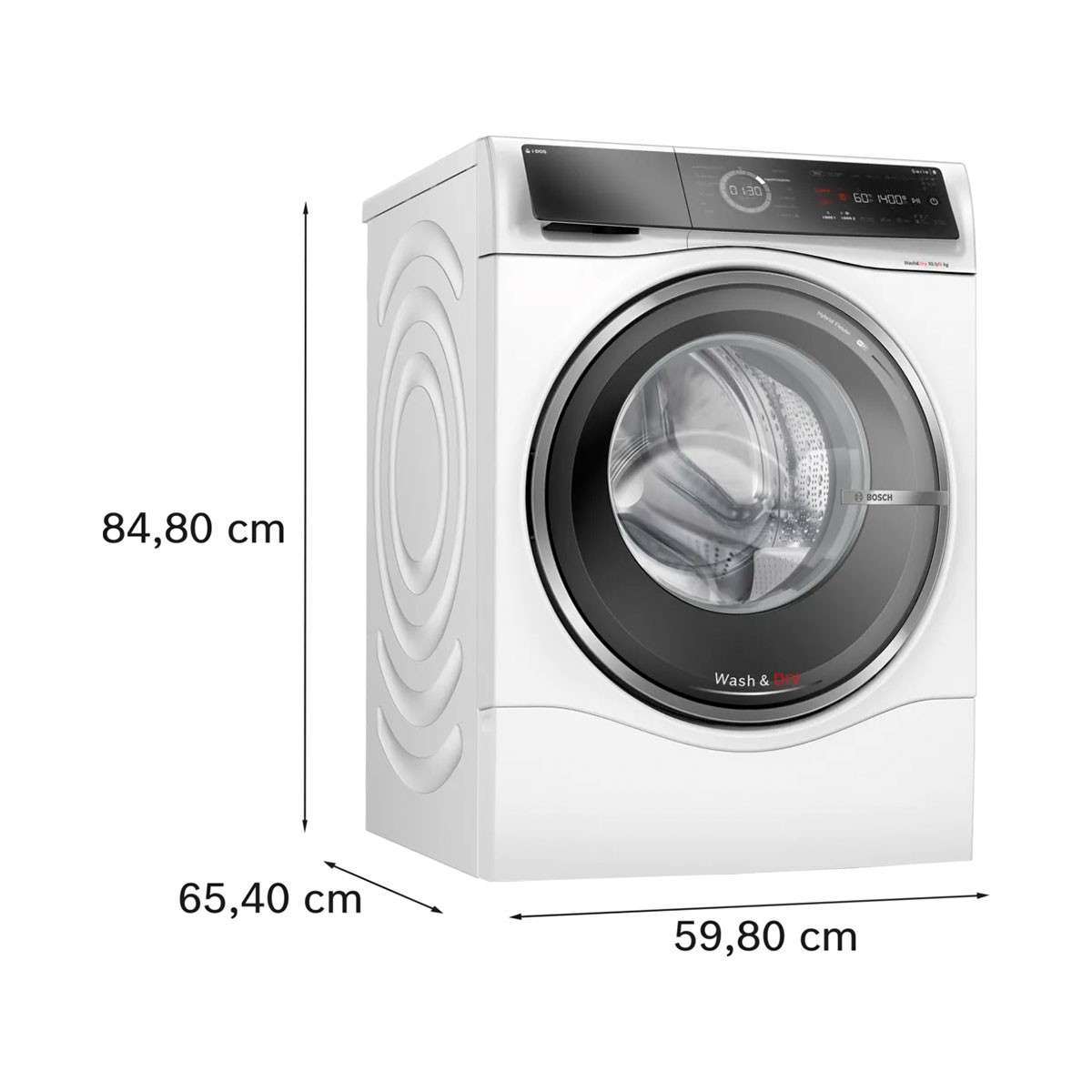Lavadora Bosch blanca, dimensiones mostradas, con puerta y panel negros.