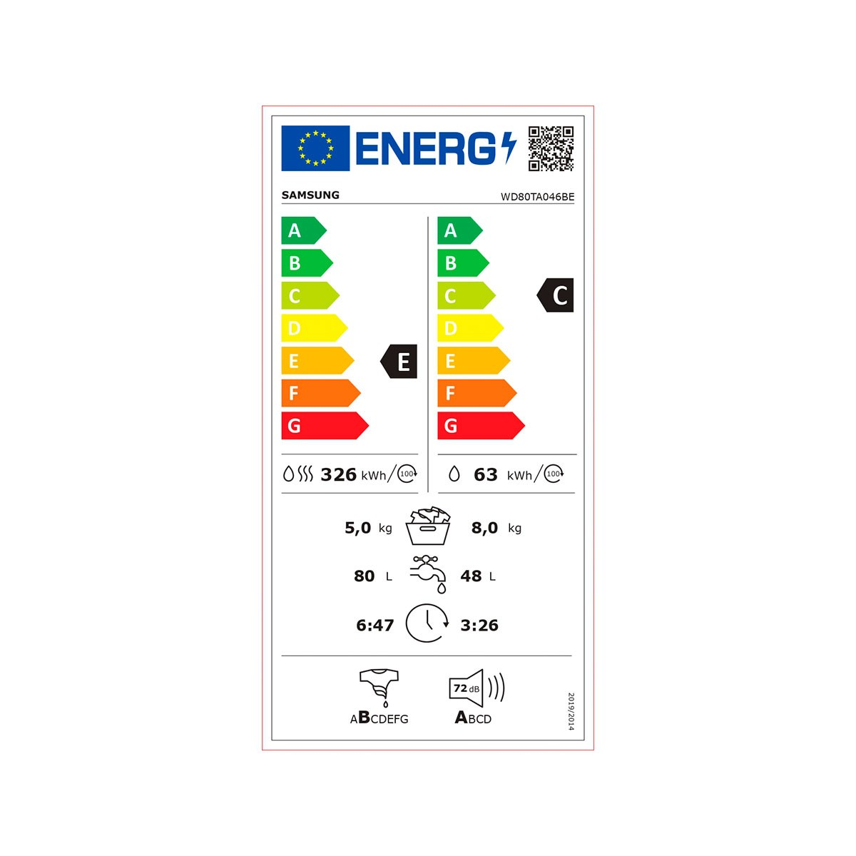 Energielabel für Waschmaschine. Zeigt Energieeffizienz, Wasser- und Energieverbrauch.