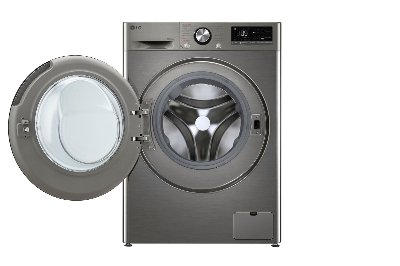 Lavatrice LG, porta aperta, esterno argentato, sfondo bianco. Pannello di controllo visibile.