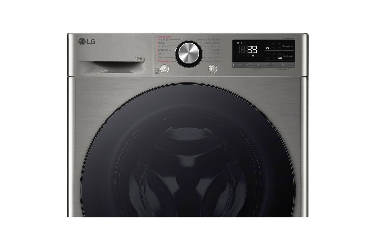 Lavatrice LG, colore metallizzato, con display digitale e pannello comandi.