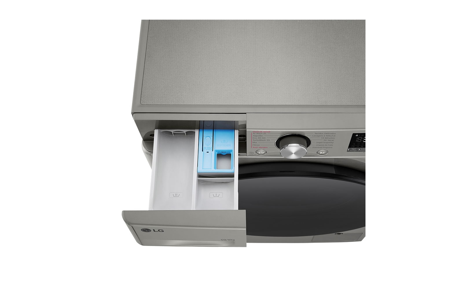 Lavatrice LG con il cassetto del detersivo aperto, che mostra i compartimenti.