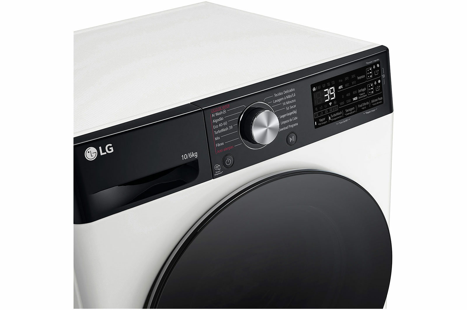 Eine weiße LG Waschmaschine mit offenem Waschmittelbehälter.